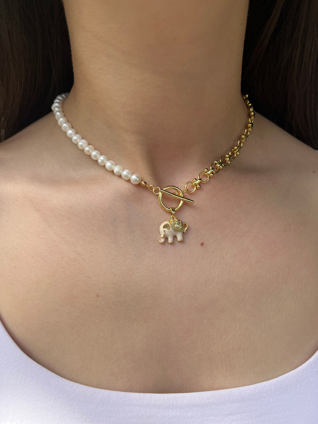 Asymmetrical Pearl Necklace with Elephant Pendant, 18K Gold Plated Chain