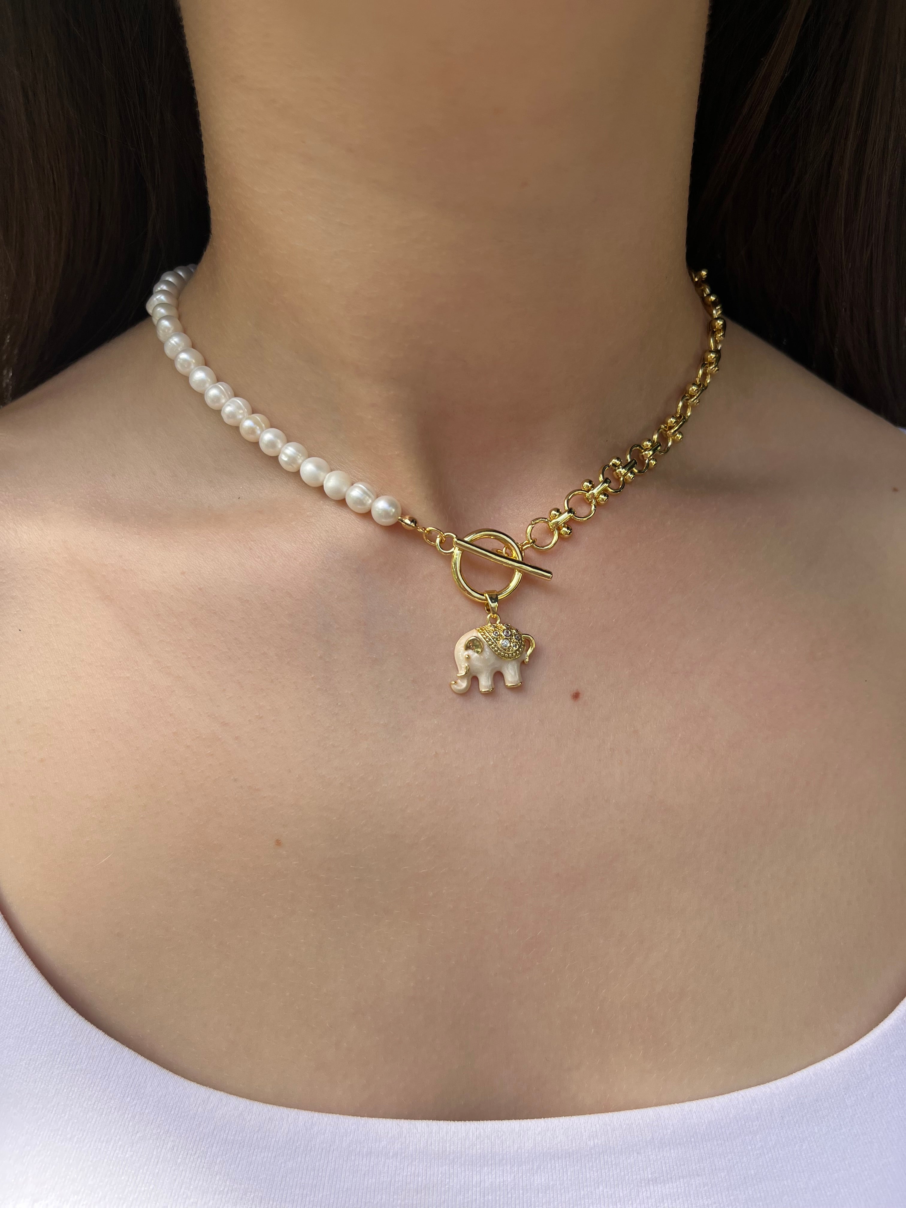 Asymmetrical Pearl Necklace with Elephant Pendant, 18K Gold Plated Chain
