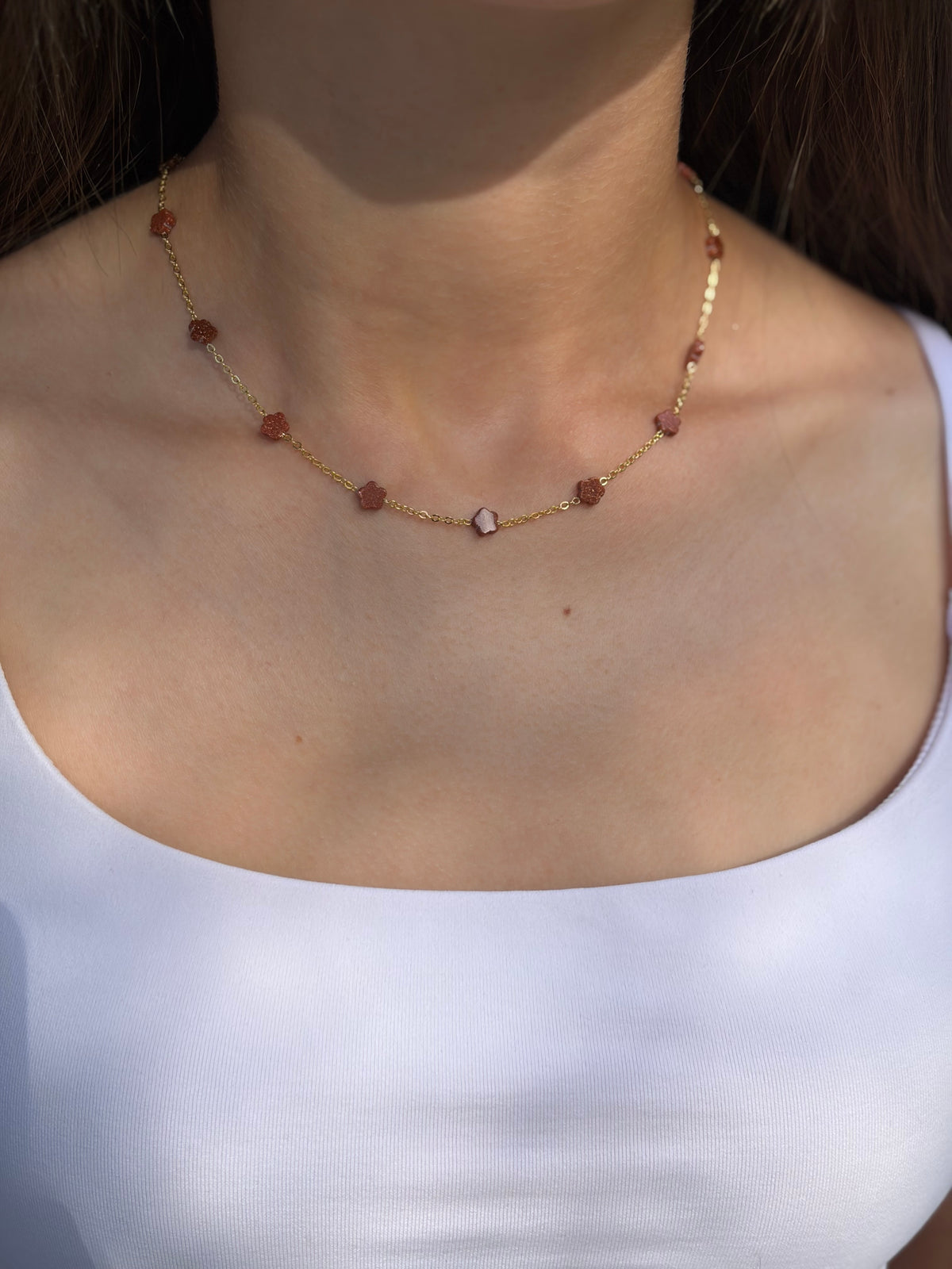 Red Sandstone Flower Necklace: 18K Gold Plated