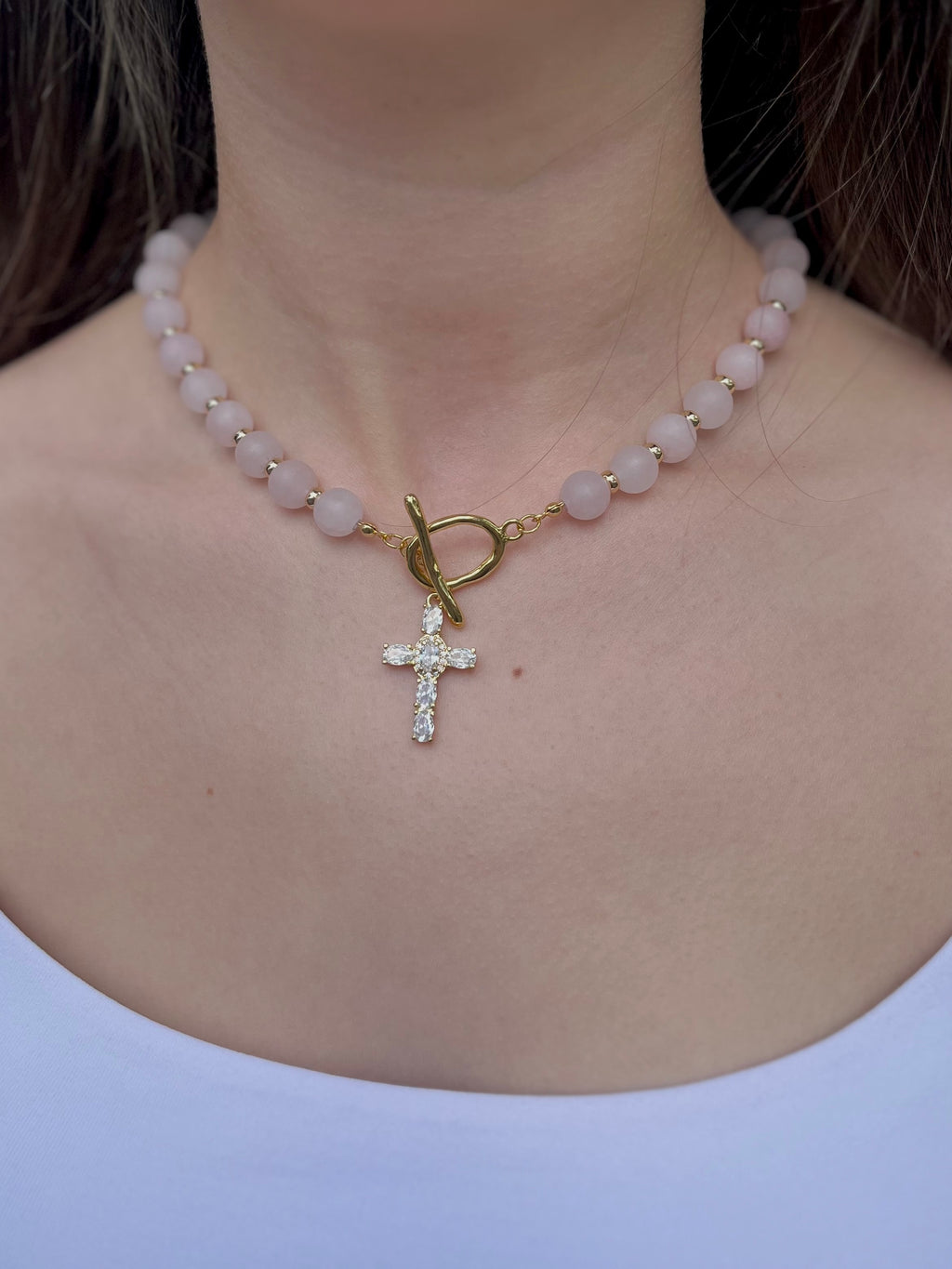 Set: Rose Quartz Cross Necklace and Earrings, 18k gold plated