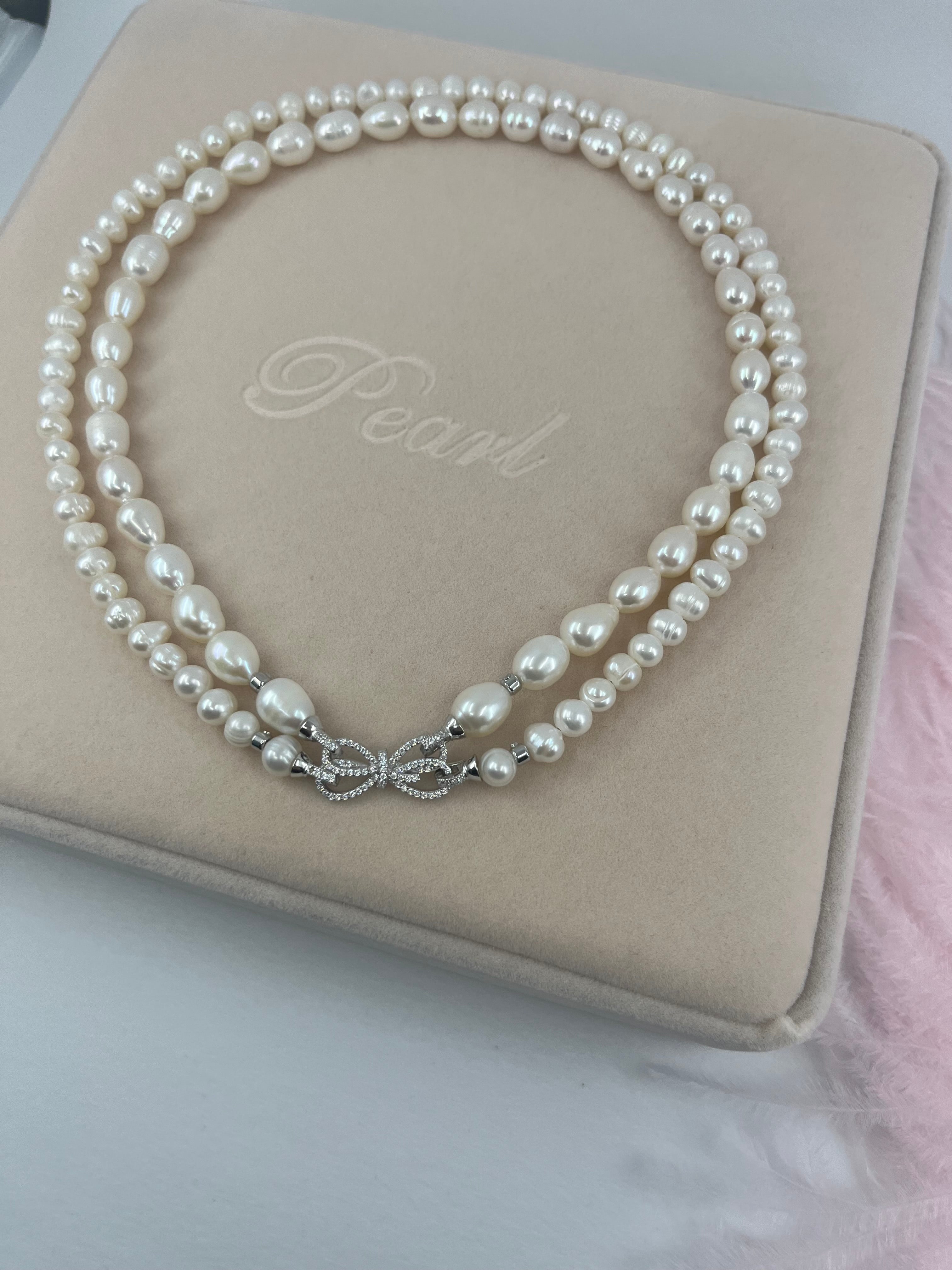 Layered Natural Pearl Necklace with 925 Sterling Silver Bowknot Clasp, Gift Box