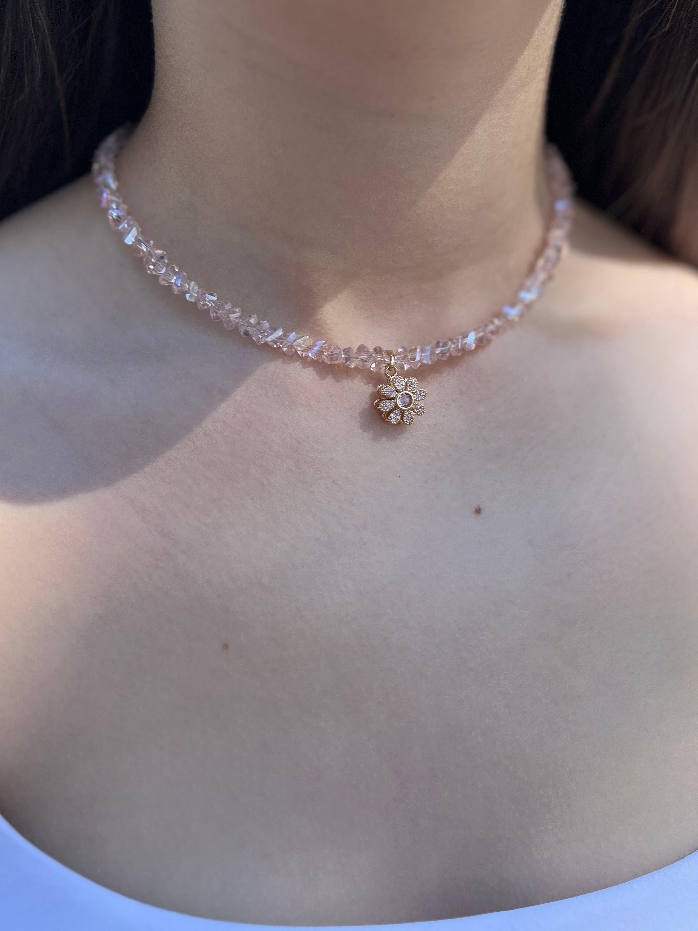 Flower Spinner Crystal Necklace, 18k gold plated