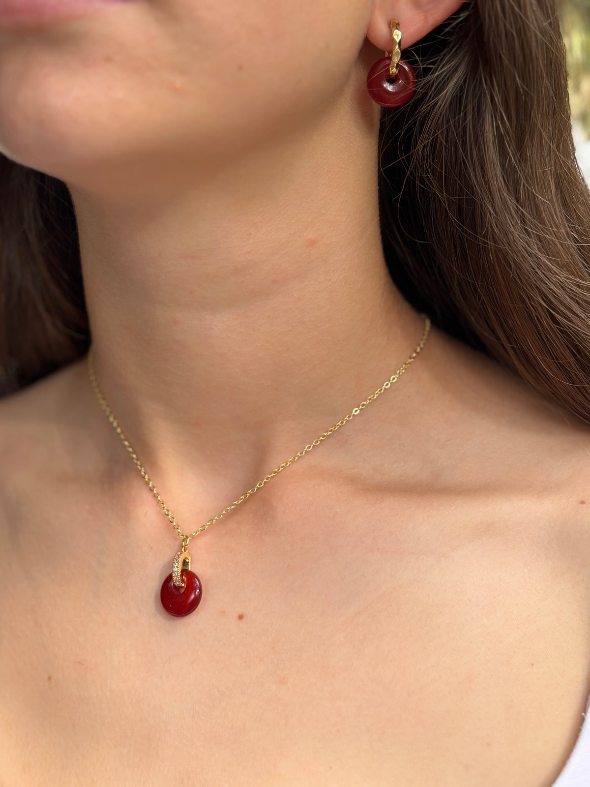 Red Agate donut Earrings and necklace,18K Gold Plated