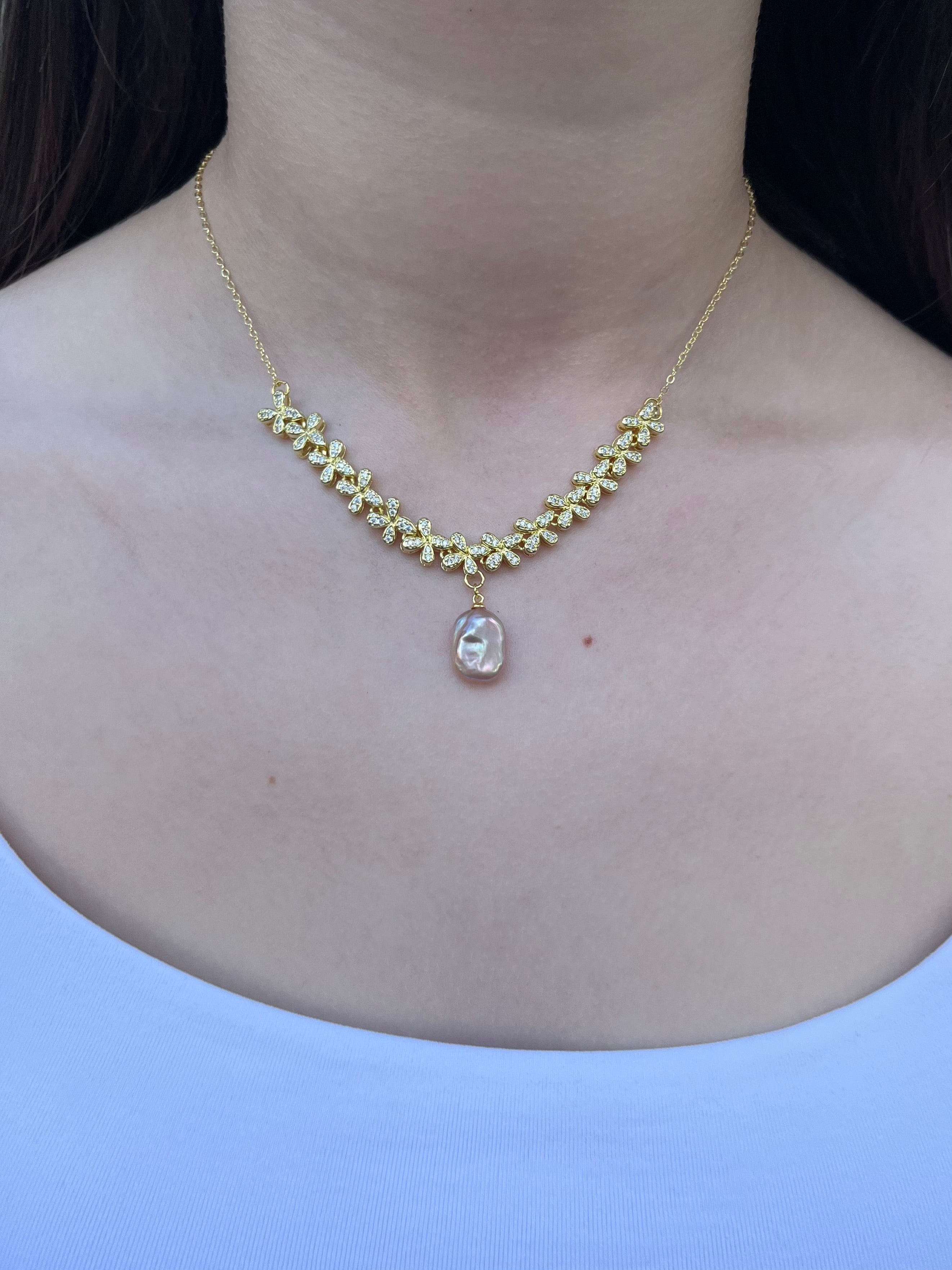 Baroque Pearl and zirconia Y-Necklace, 18k gold plated