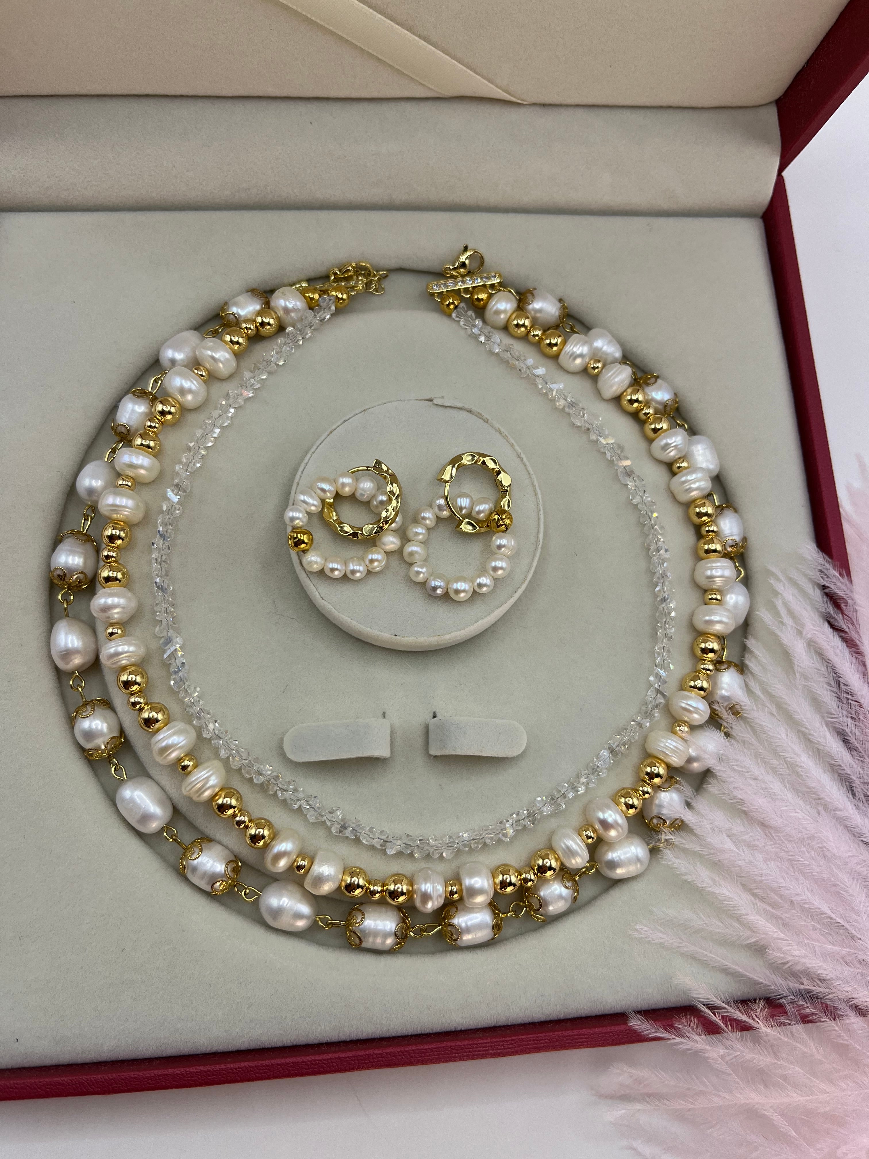 Three-Strand Natural Pearl & Crystal Necklace with Hoop Earrings Set – 18K Gold Plated, Gift Box