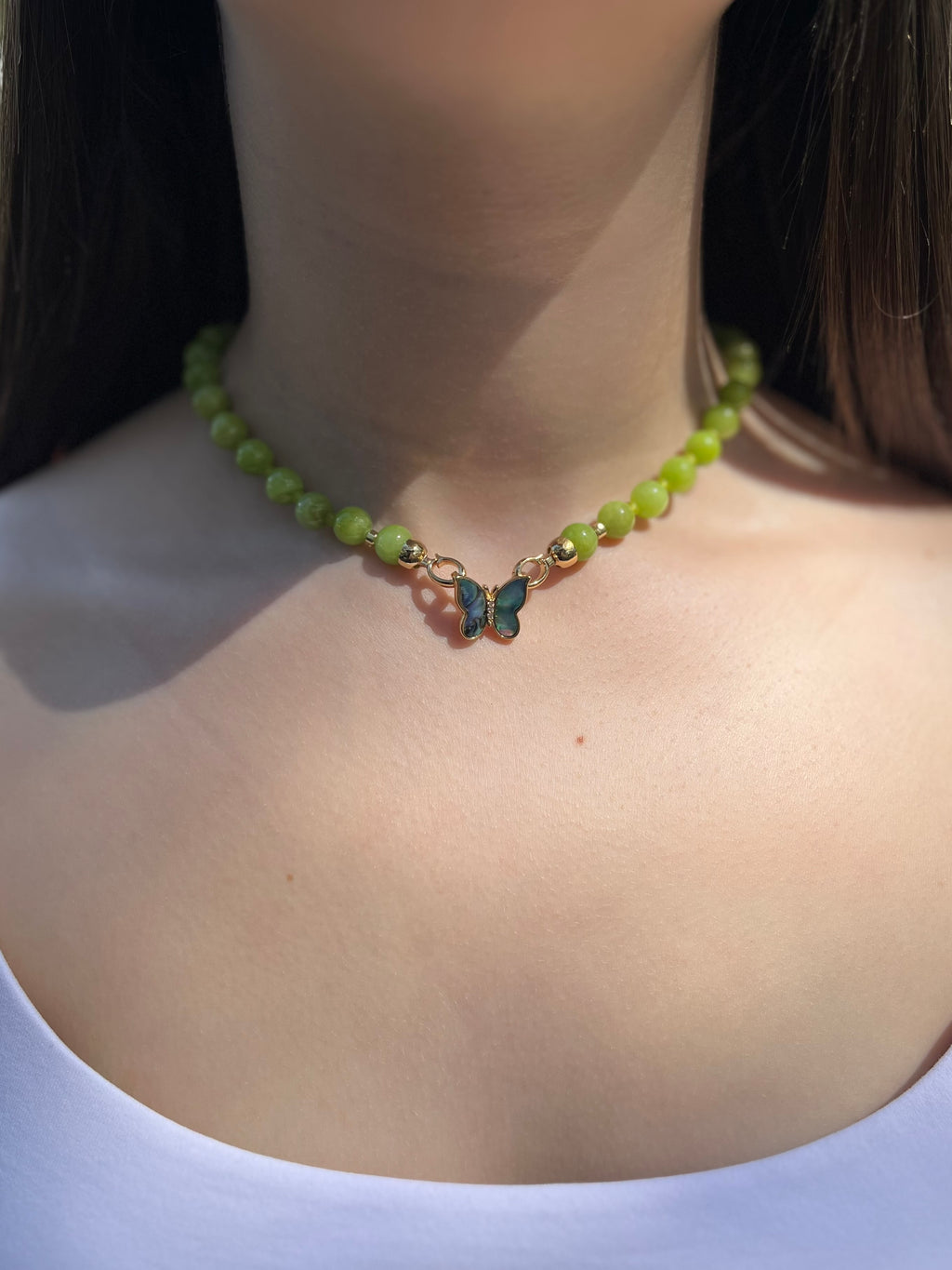 Natural Light Green Jade Necklace with 18K Gold Butterfly Clasp