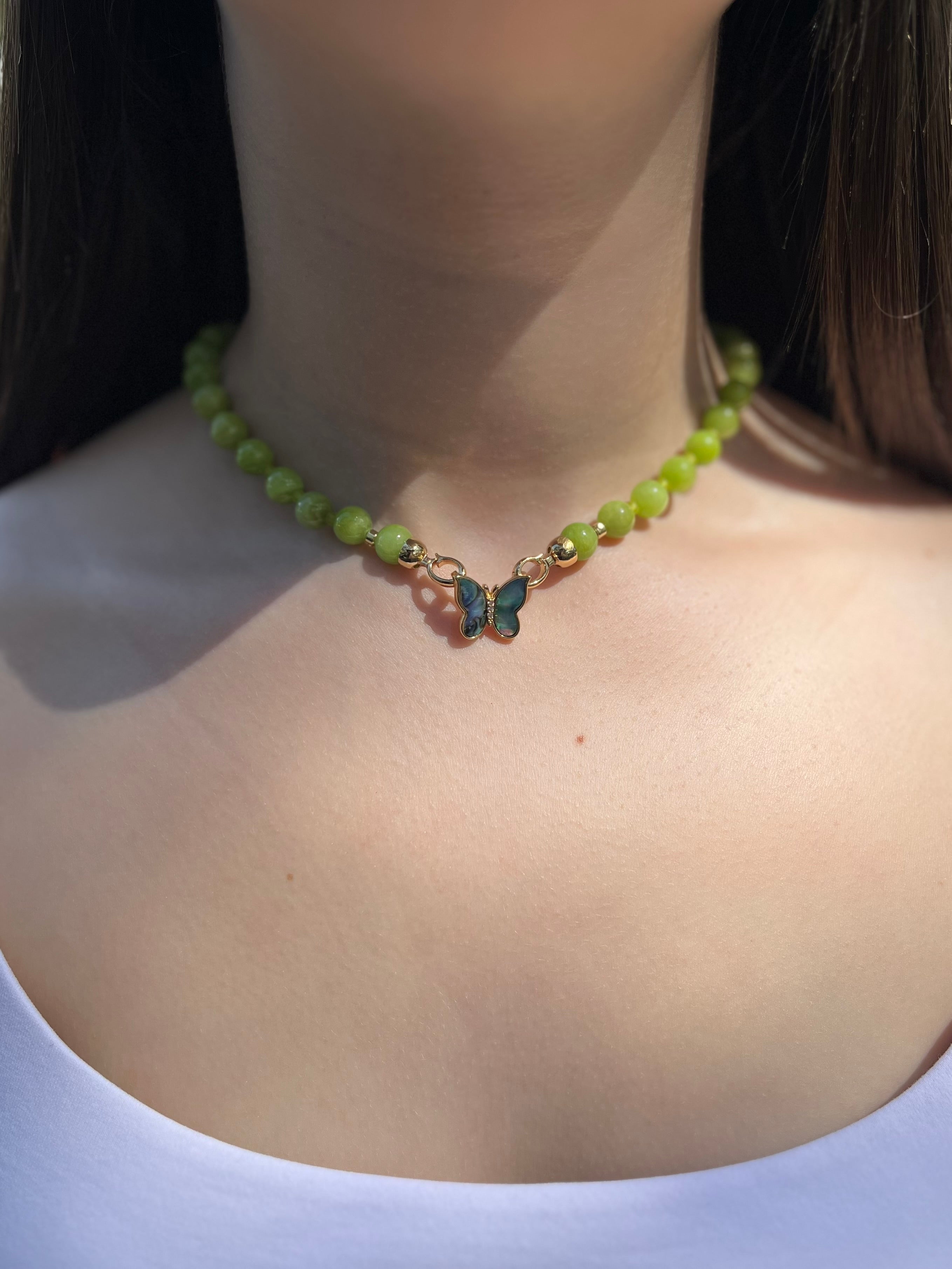 Natural Light Green Jade Necklace with 18K Gold Butterfly Clasp