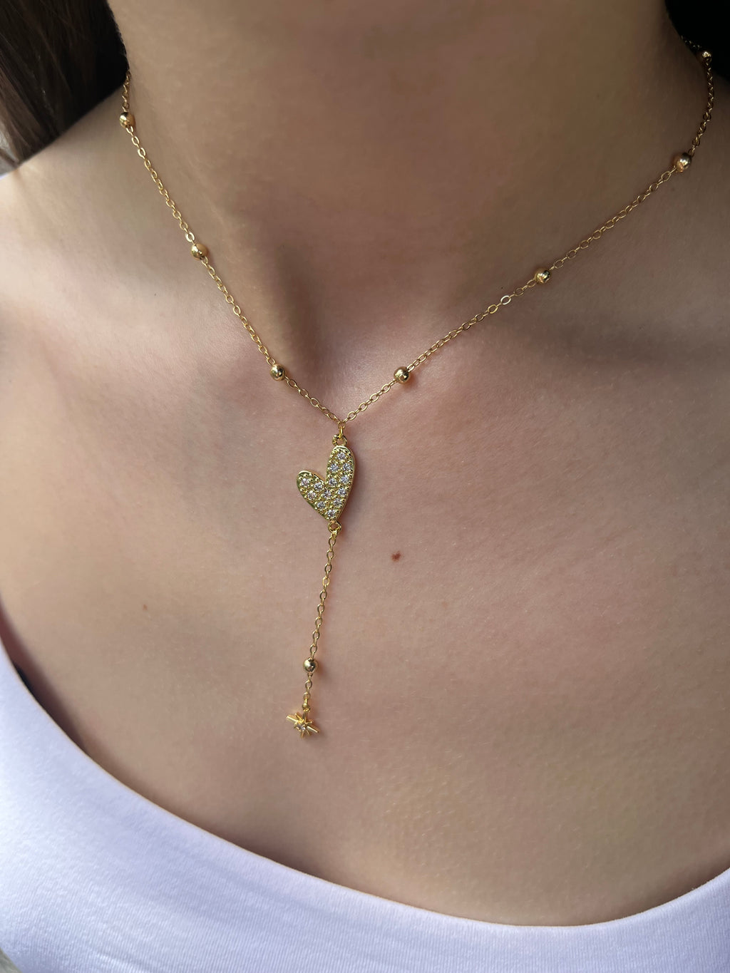 Lariat Y-Necklace, zirconia heart pendant 18k gold plated