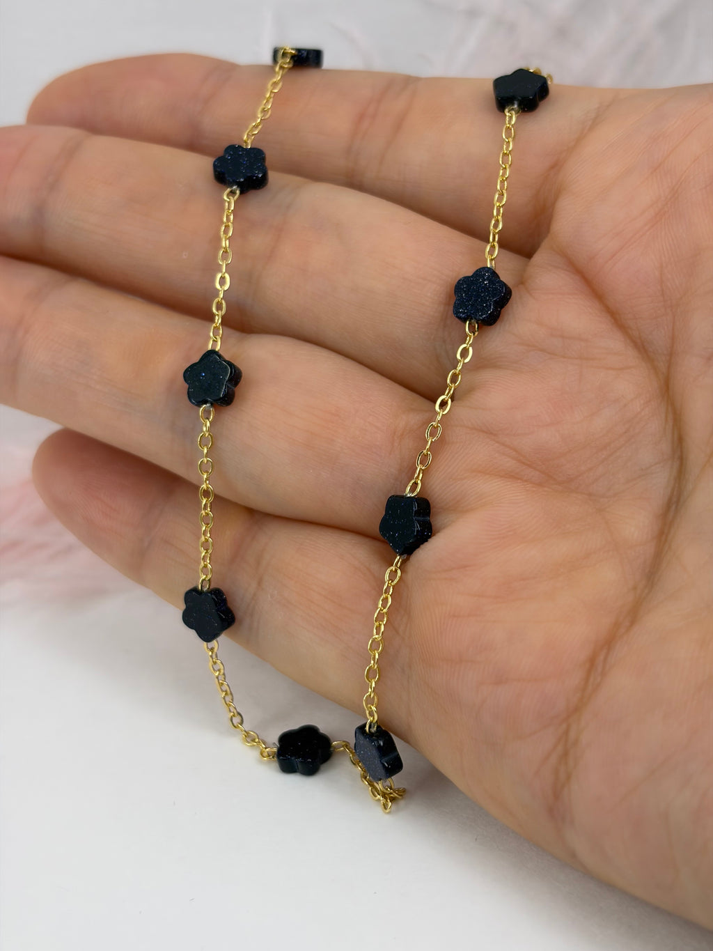 Black Blue Goldstone Flower Necklace: 18K Gold Plated