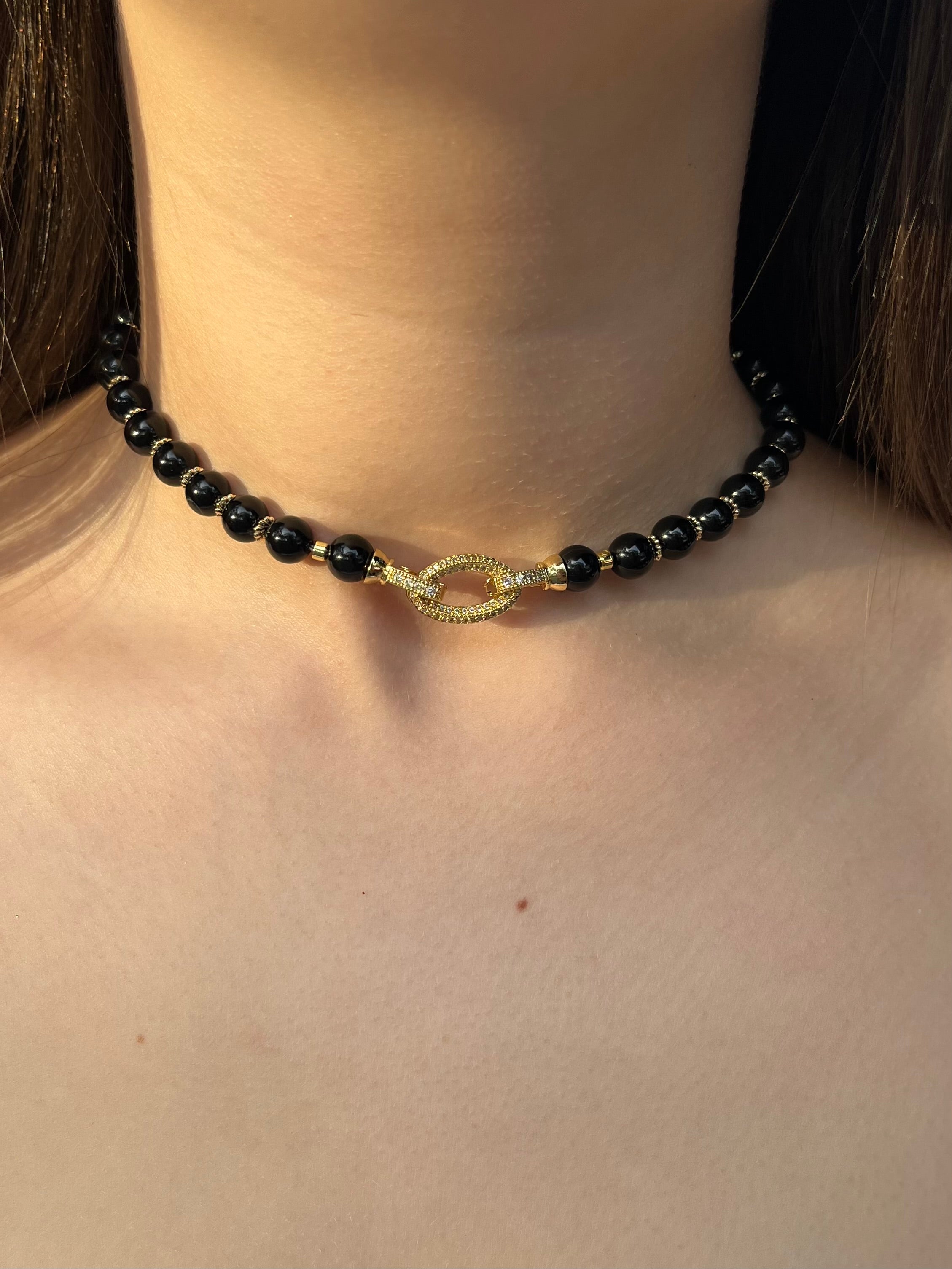 Black Onyx Choker – 18K Gold Plated Zirconia Clasp