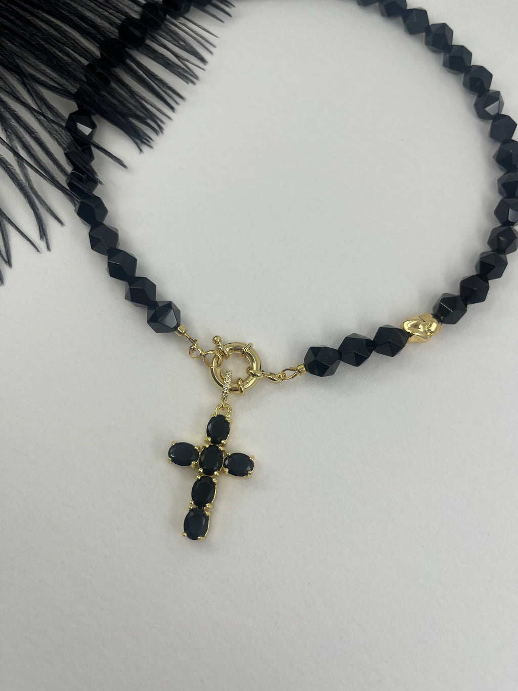 Natural Black Onyx Necklace with Gold Zirconia Cross