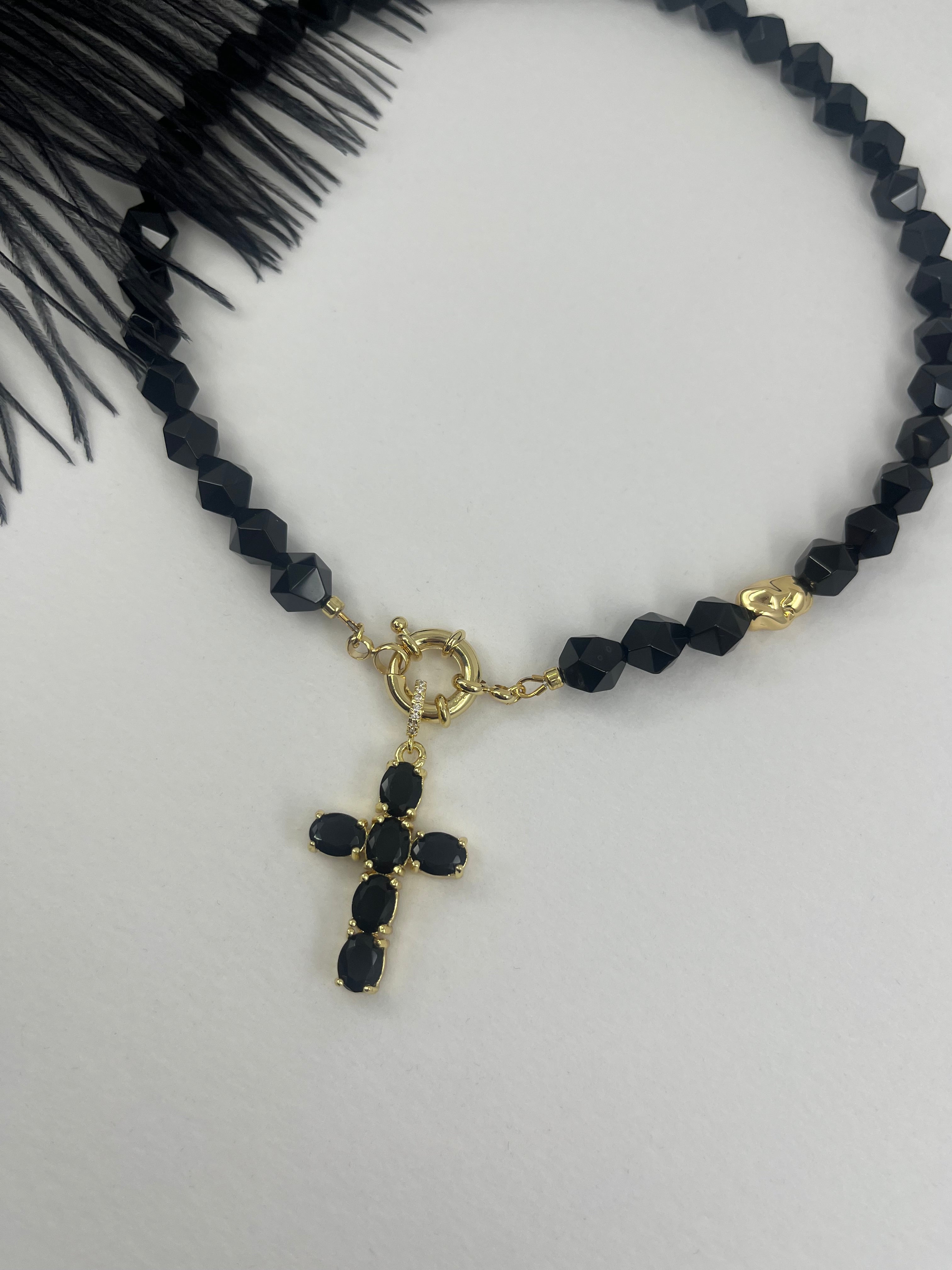 Natural Black Onyx Necklace with Gold Zirconia Cross