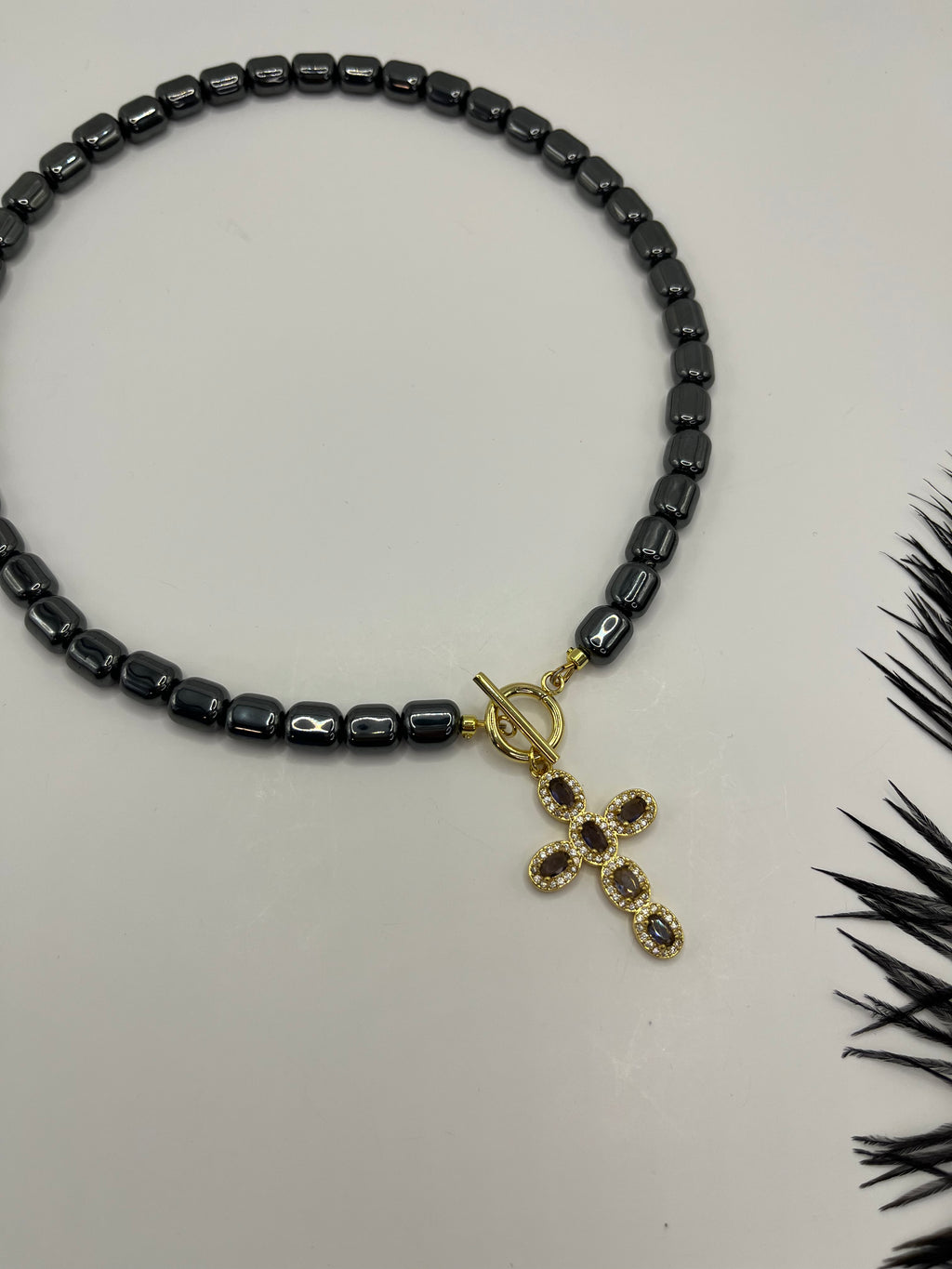 Hematite Choker Necklace with Cross pendant: 18K Gold Plated