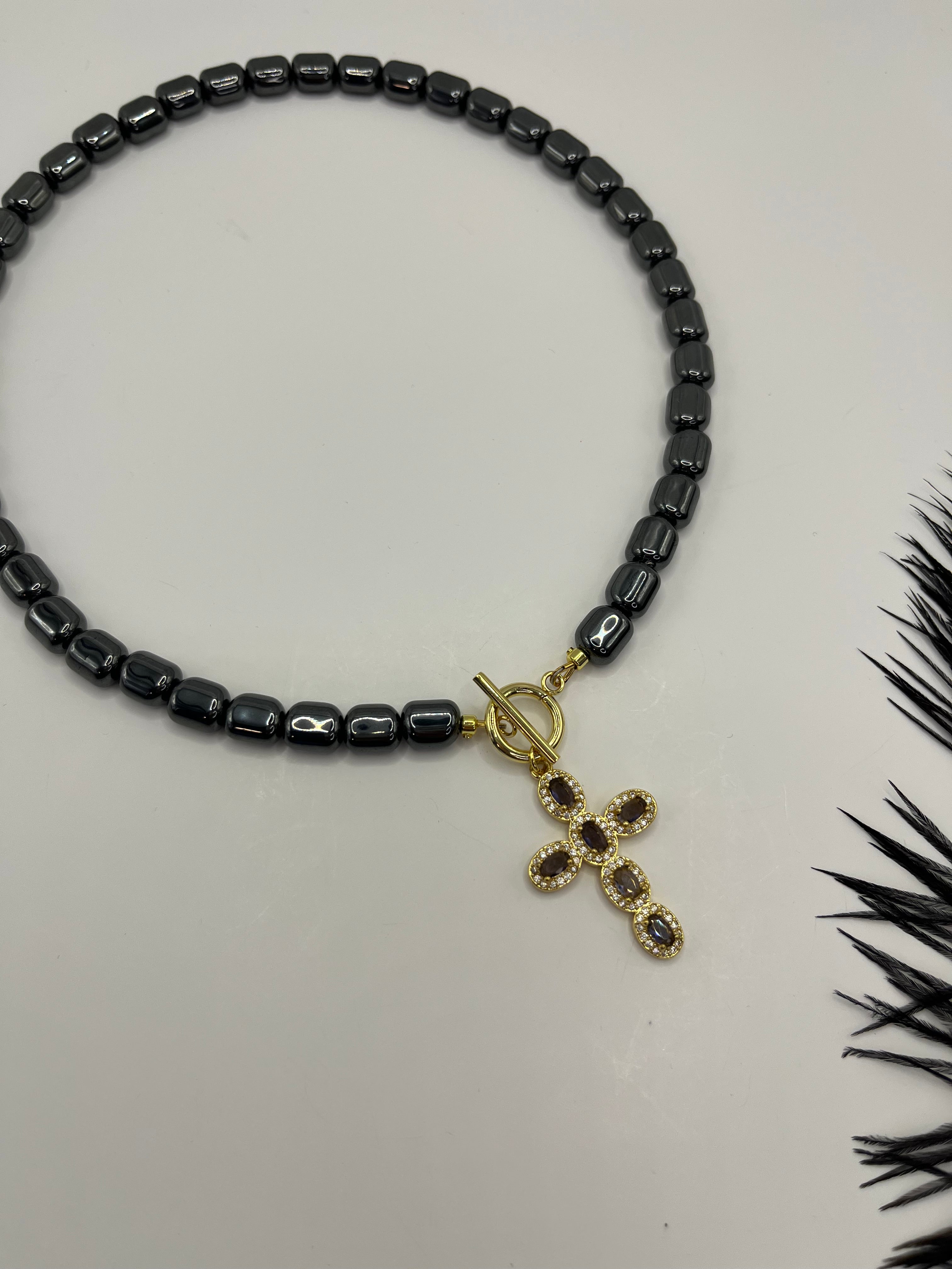 Hematite Choker Necklace with Cross pendant: 18K Gold Plated
