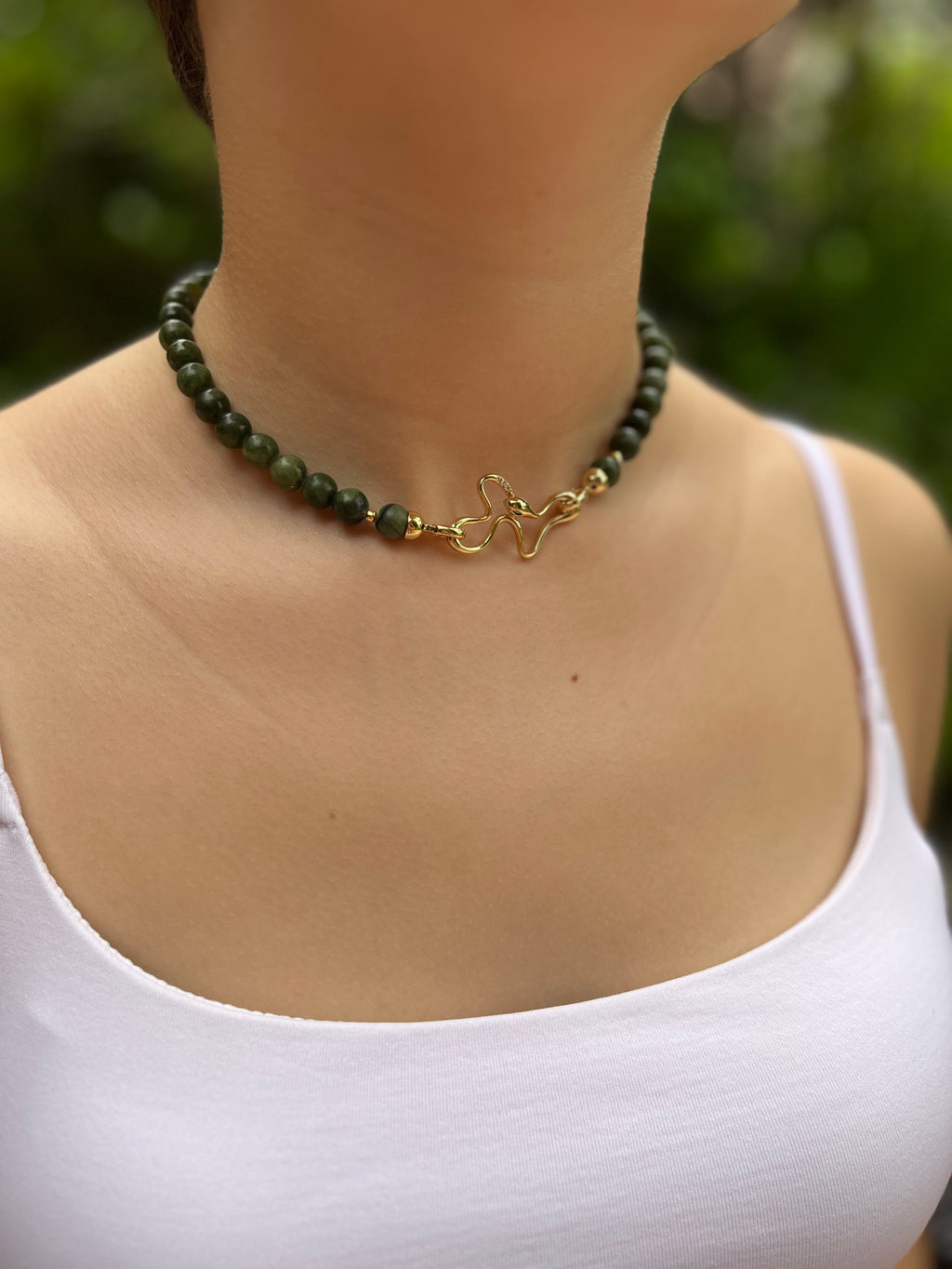 Natural Taiwan Jade Necklace with 18K Gold Snake Clasp