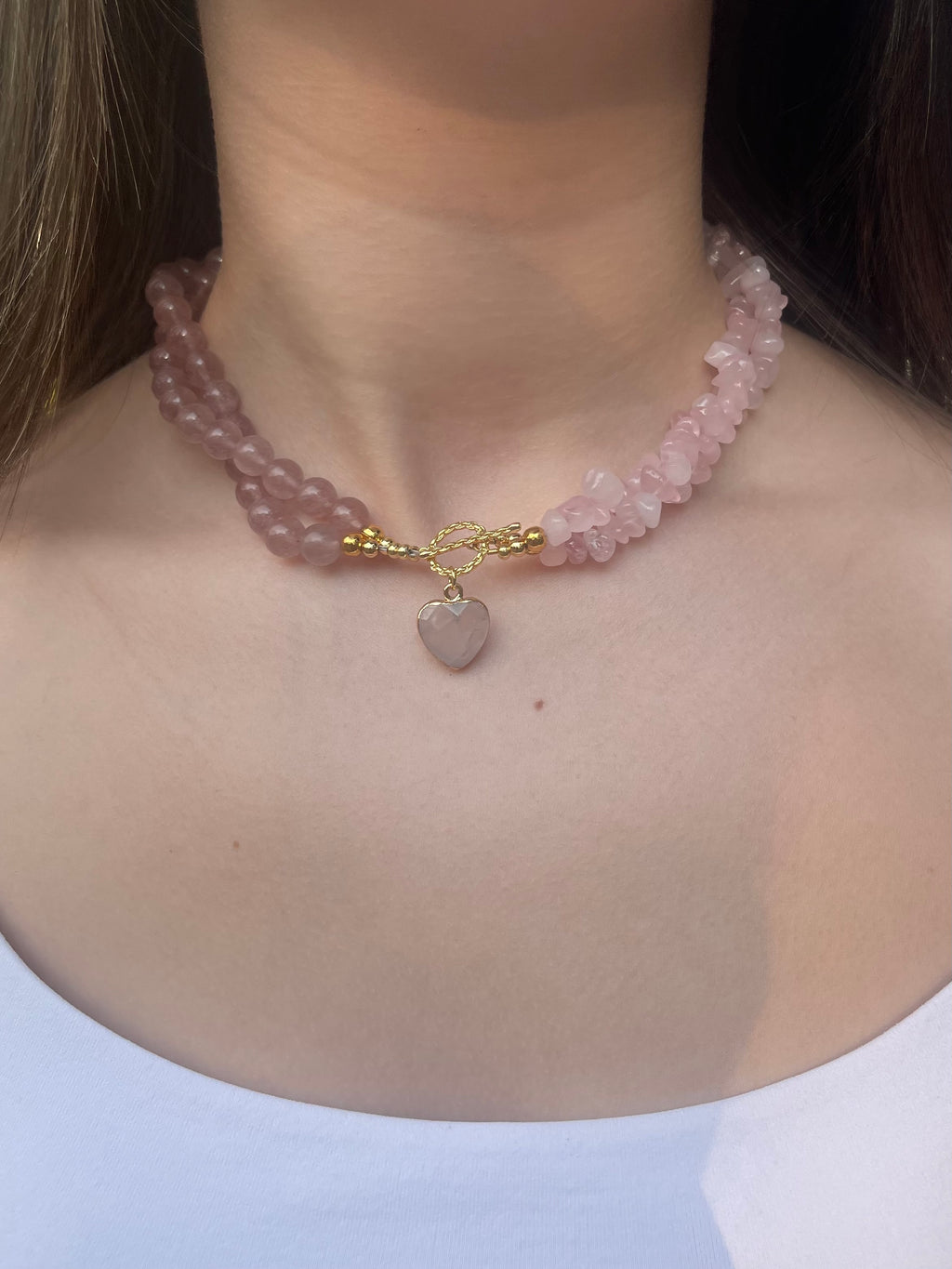 Asymmetrical Layered Strawberry Quartz Necklace with heart pendant: 18K Gold Plated Pendant