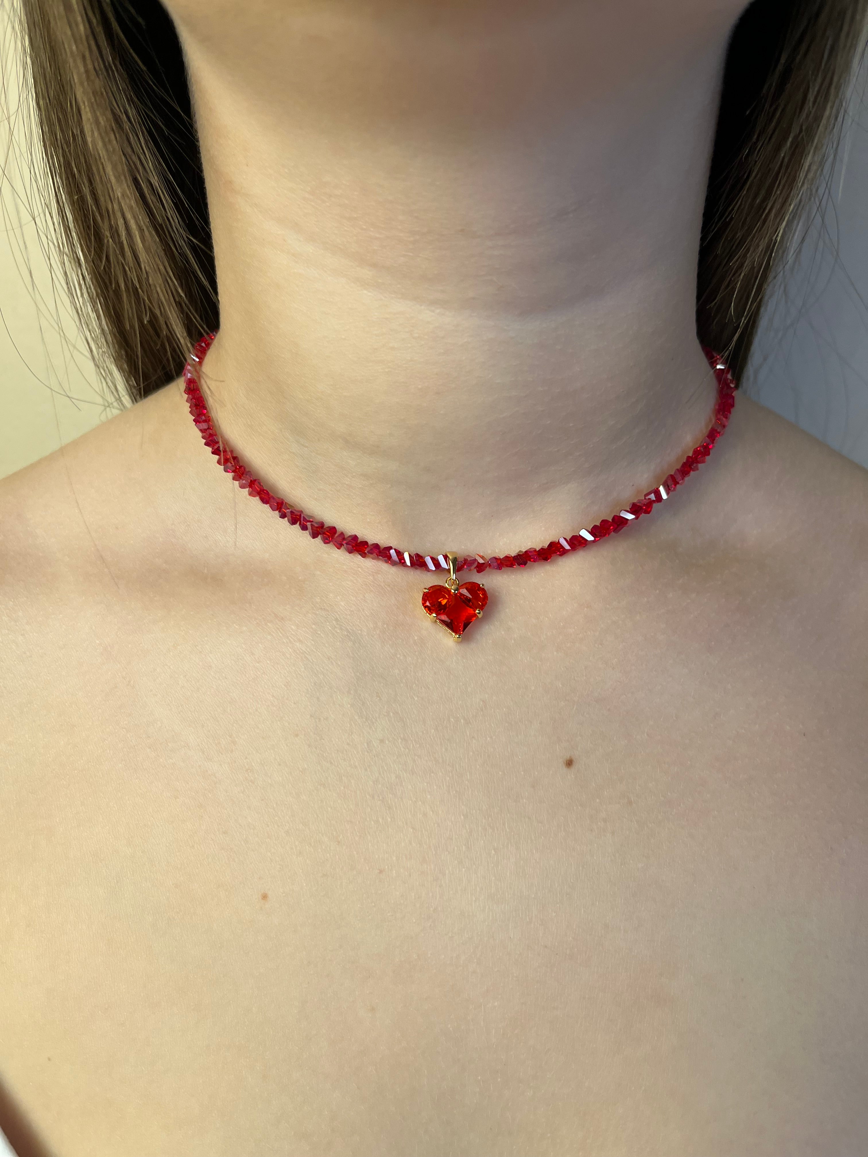 Crystal Red Glass Bead Choker: 18K Gold Heart Pendant