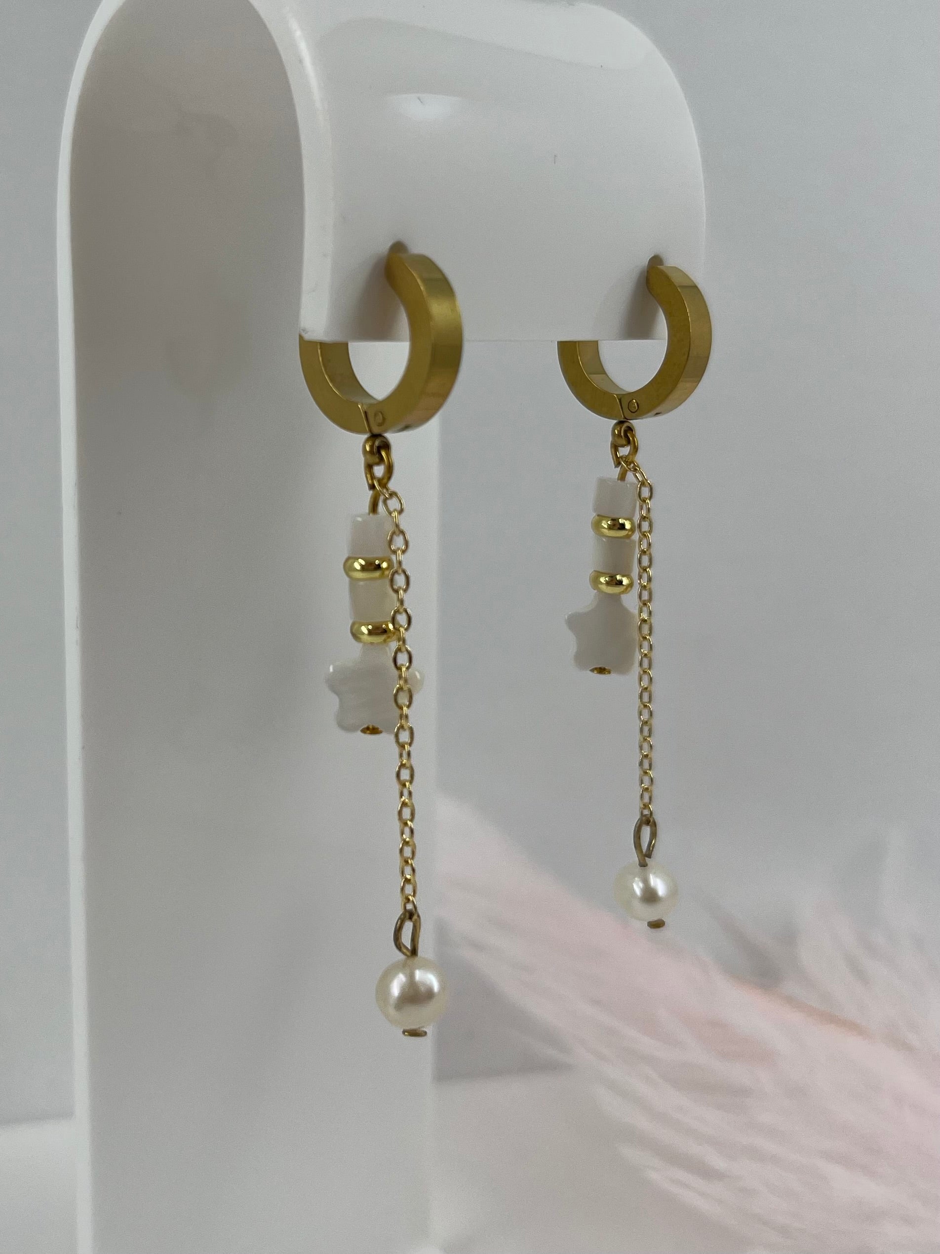 Long Natural Pearl and Shell Drop Earrings
