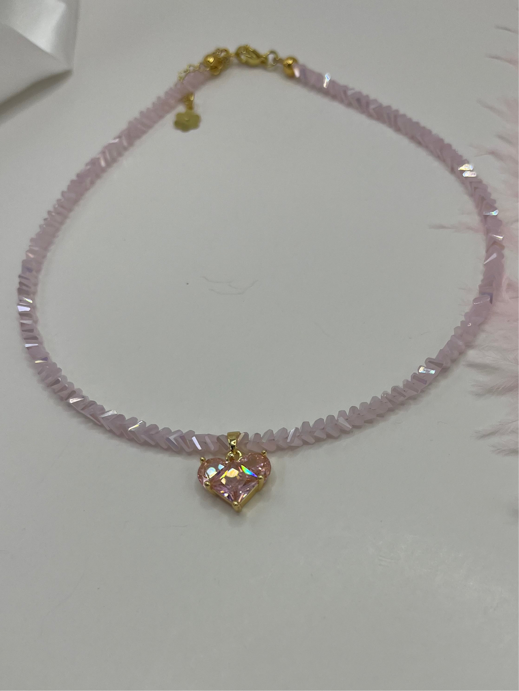 Crystal Pink Glass Bead Choker: 18K Gold Heart Pendant