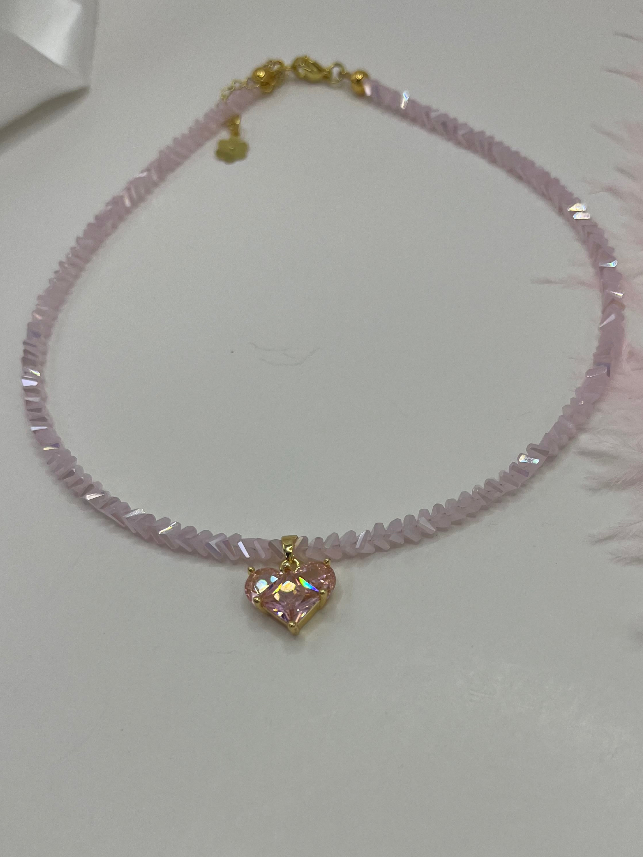 Crystal Pink Glass Bead Choker: 18K Gold Heart Pendant