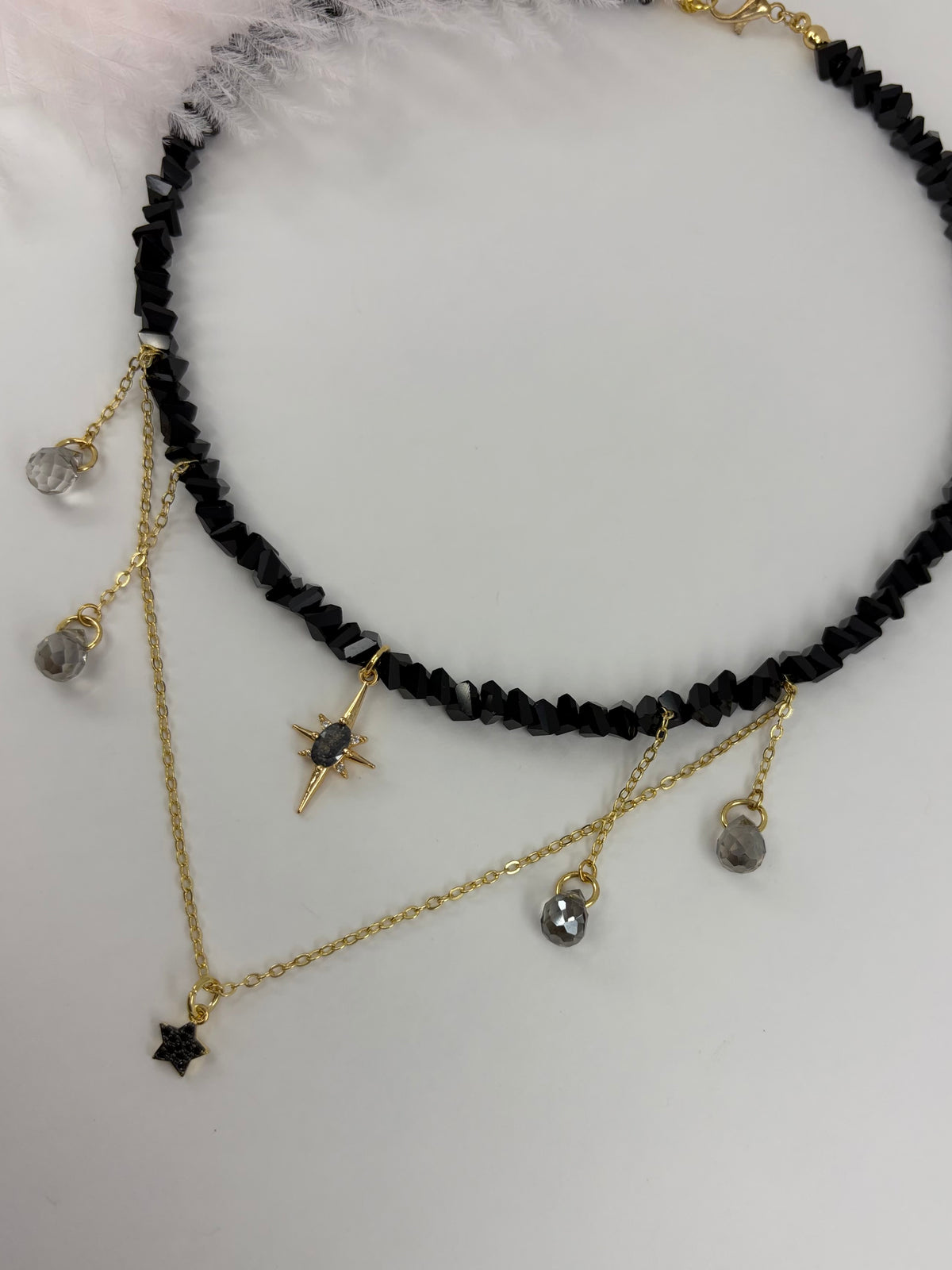 Black Crystal Star Necklace, 18K Gold Plated