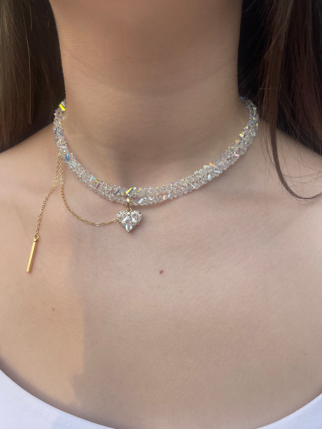 Set: Heart Crystal Choker Necklace and Earrings – 18K Gold Plated, Cubic Zirconia, Nickel Free