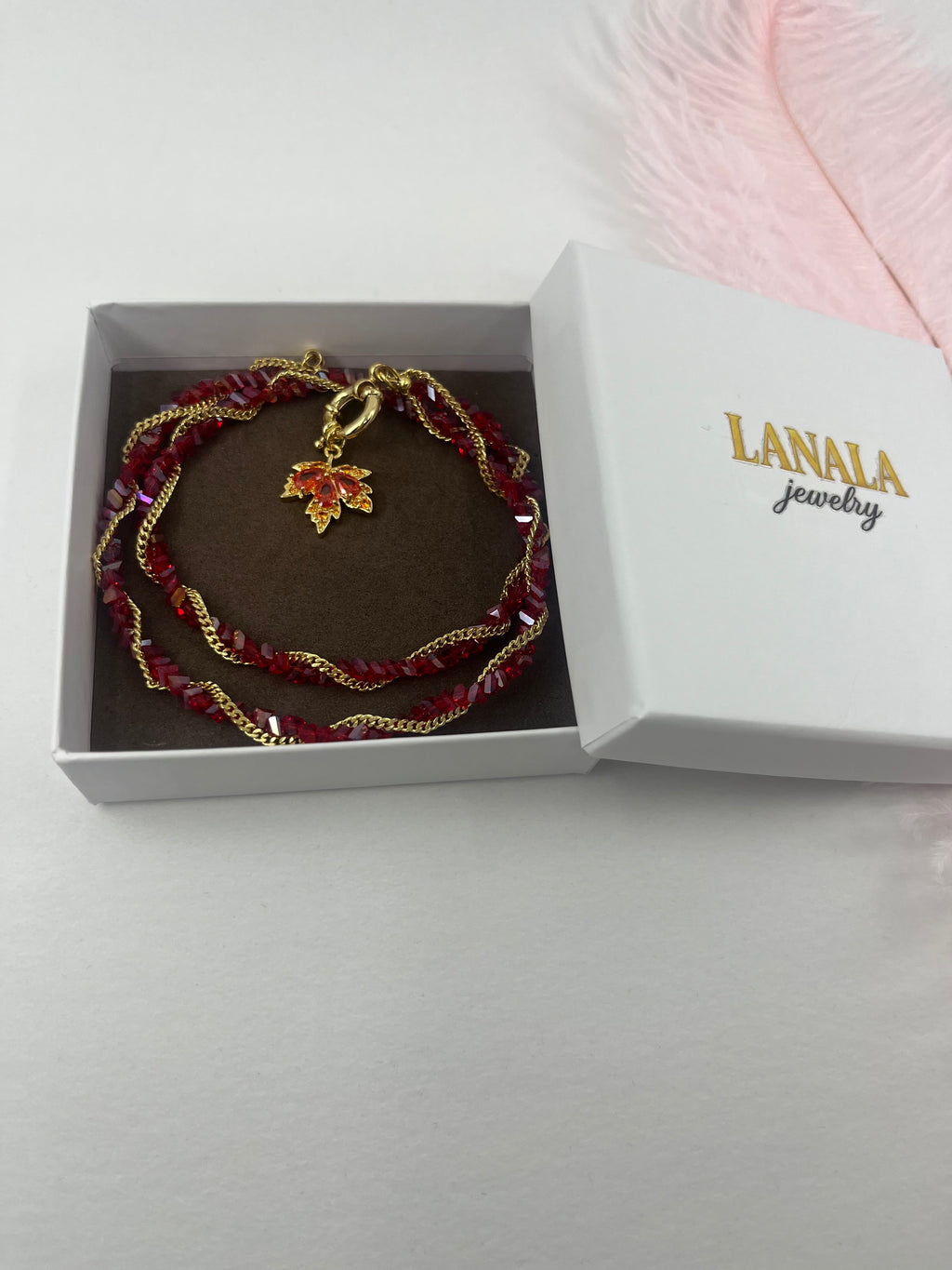 Crystal Red Necklace: 18K Gold Pendant Maple Leaf