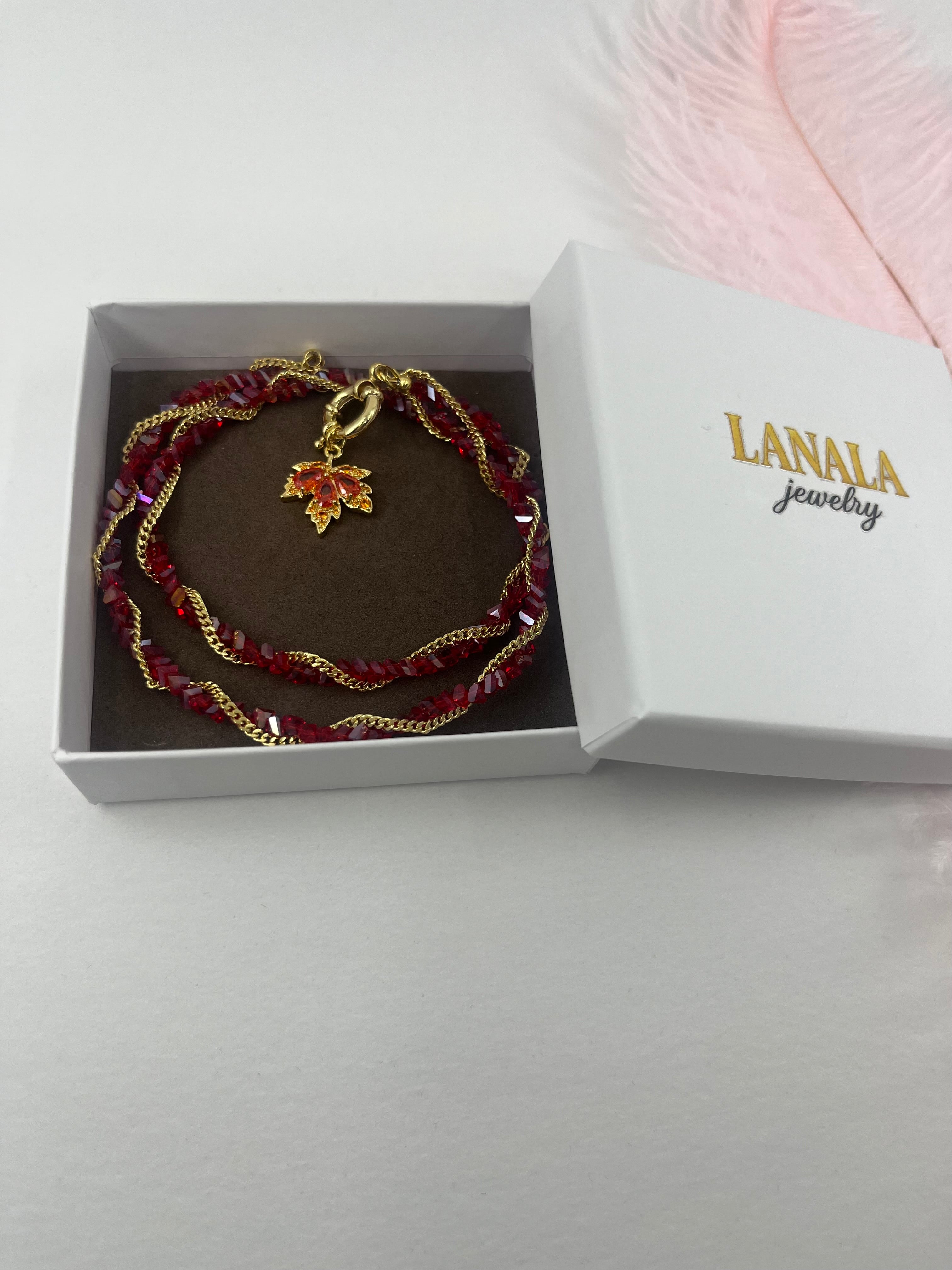 Crystal Red Necklace: 18K Gold Pendant Maple Leaf