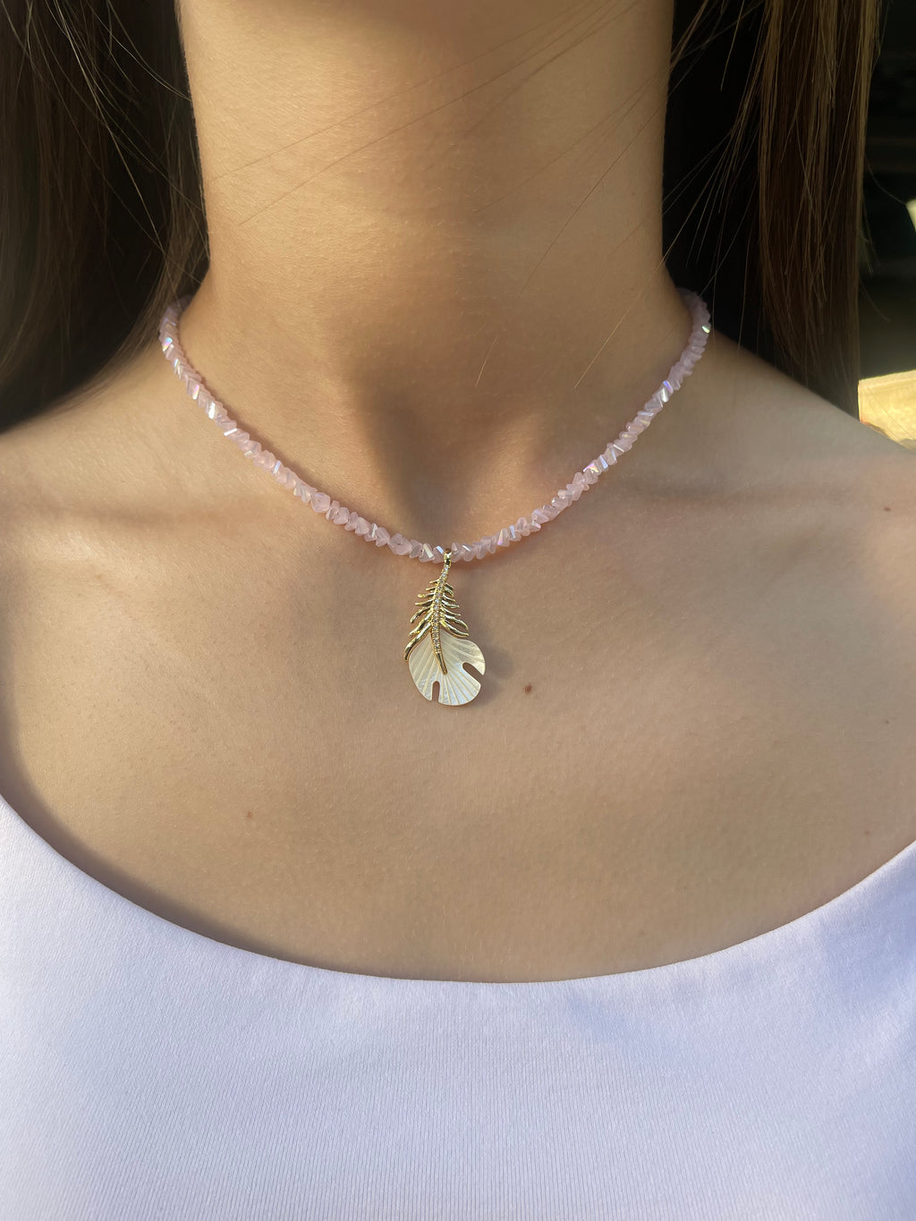 Pink crystal necklace with 14K gold Feather pendant
