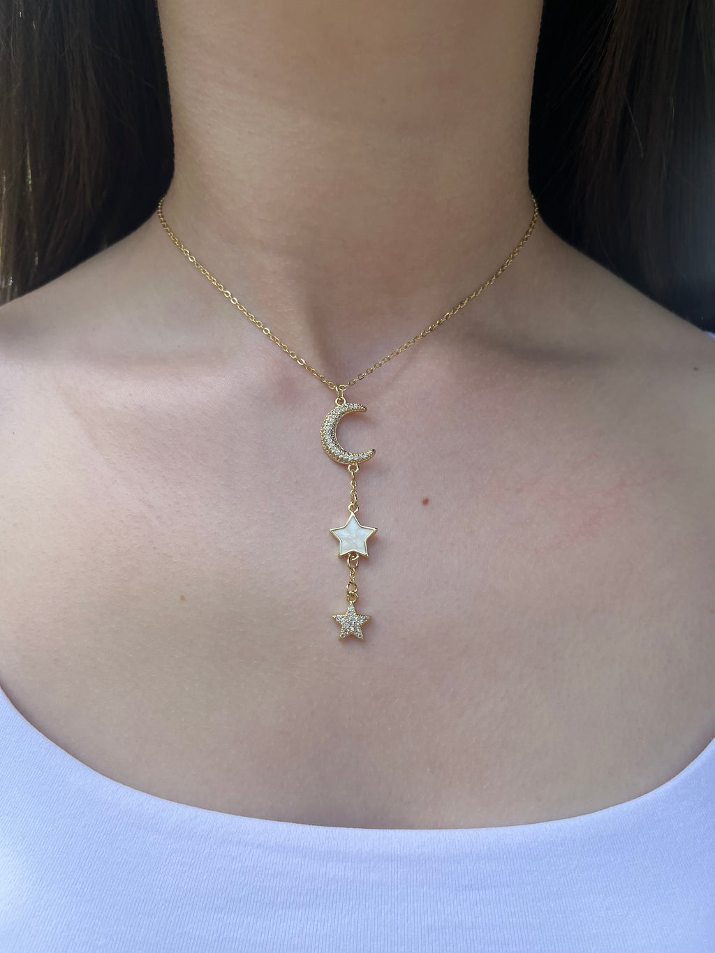 Zirconia Star and Moon Choker Necklace, Real 18K Gold Plated