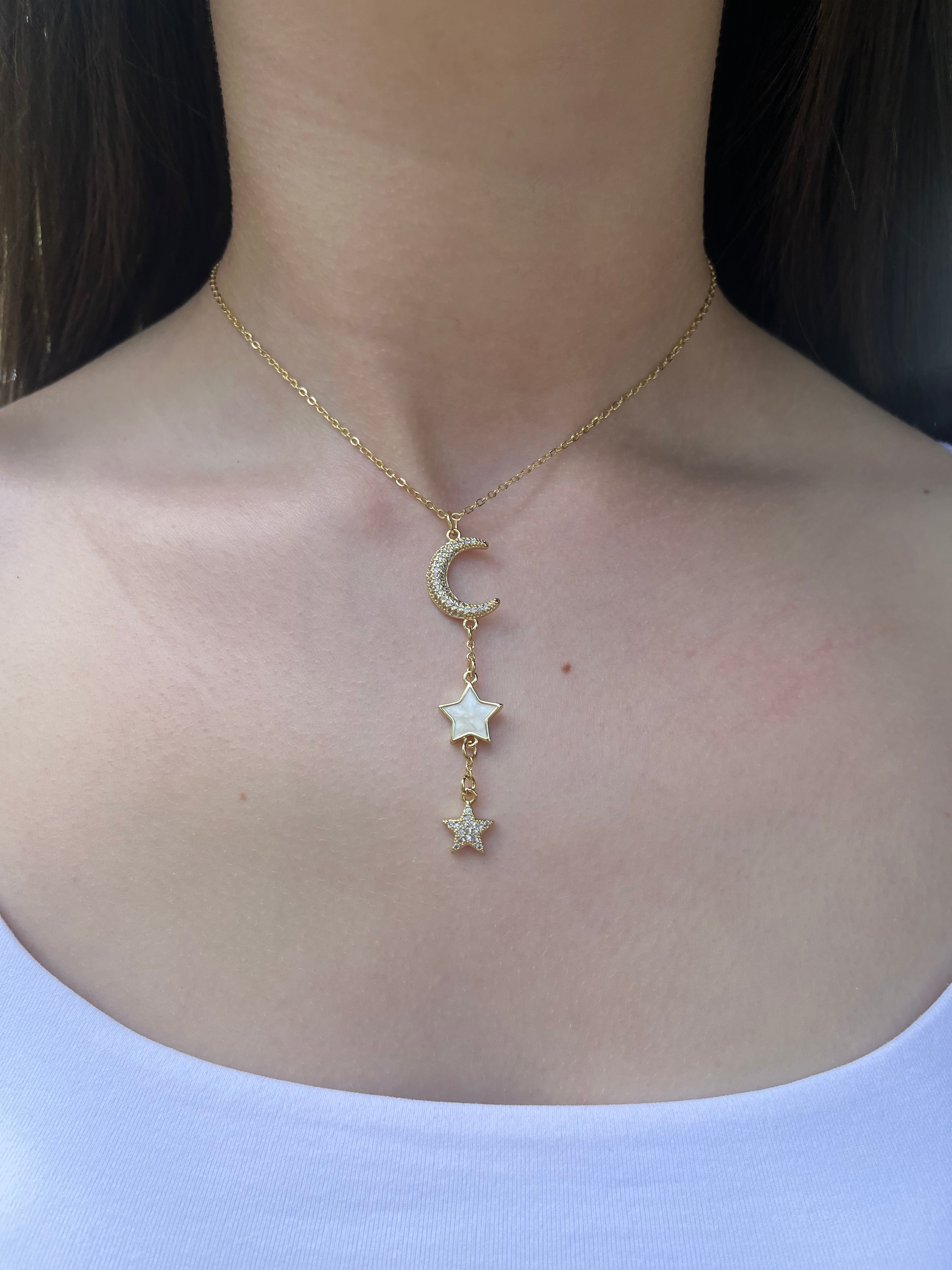 Zirconia Star and Moon Choker Necklace, Real 18K Gold Plated
