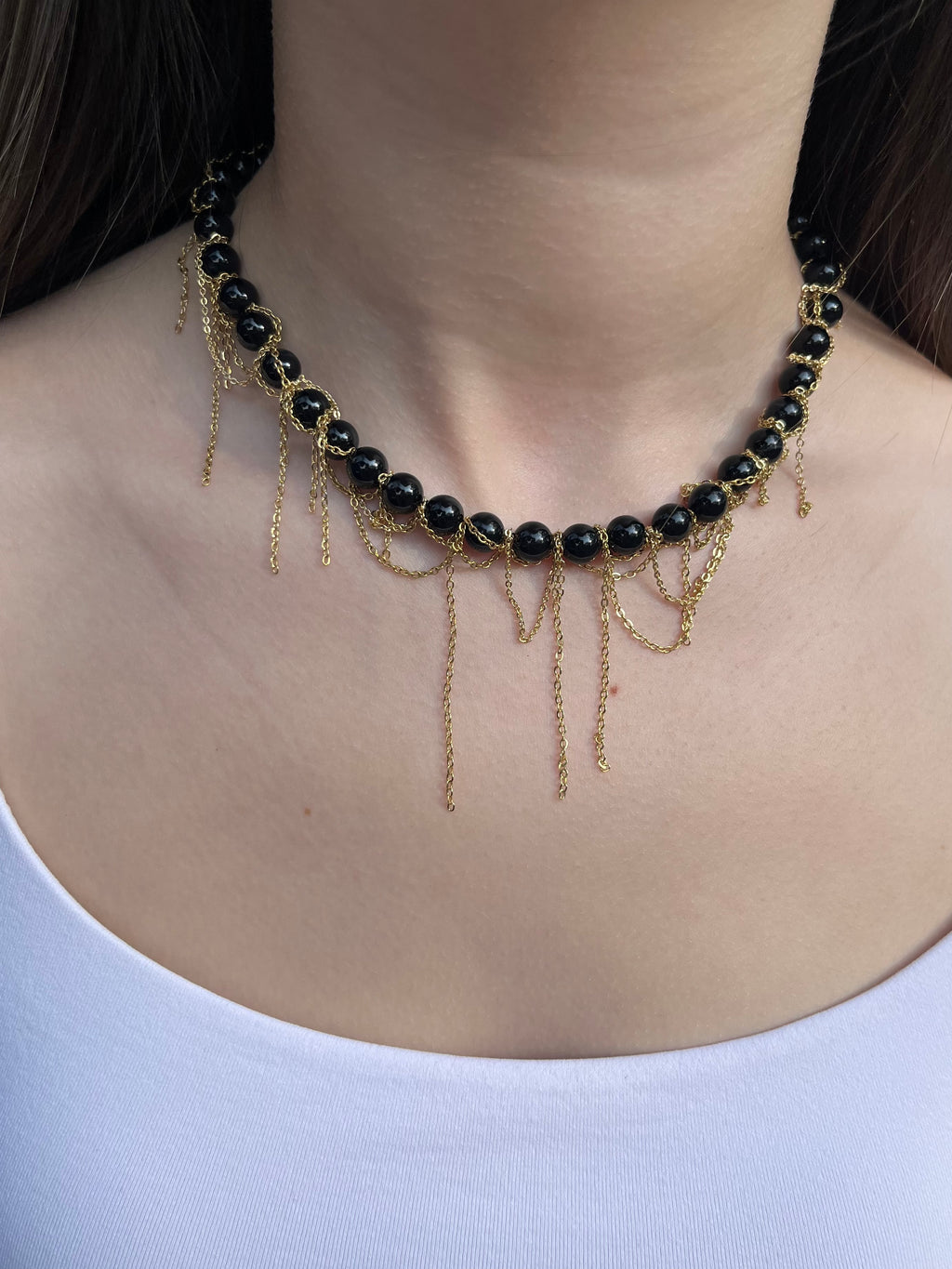 Black Onyx Layered necklace– 18K Gold Plated Chain