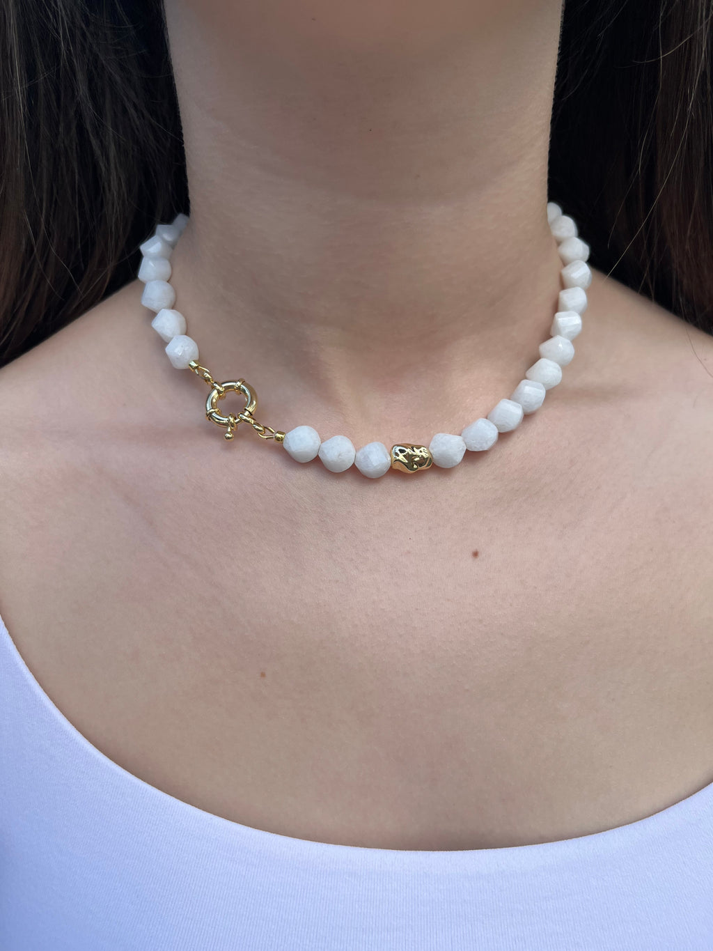 Natural White Jade Necklace with Gold Accent