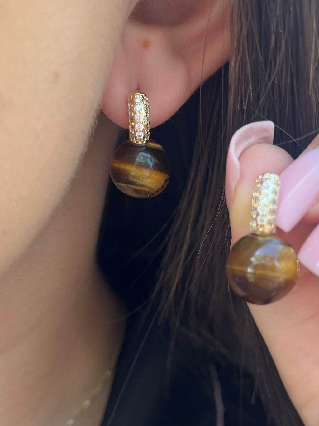 Natural Tiger eye Gold Zirconia Earrings