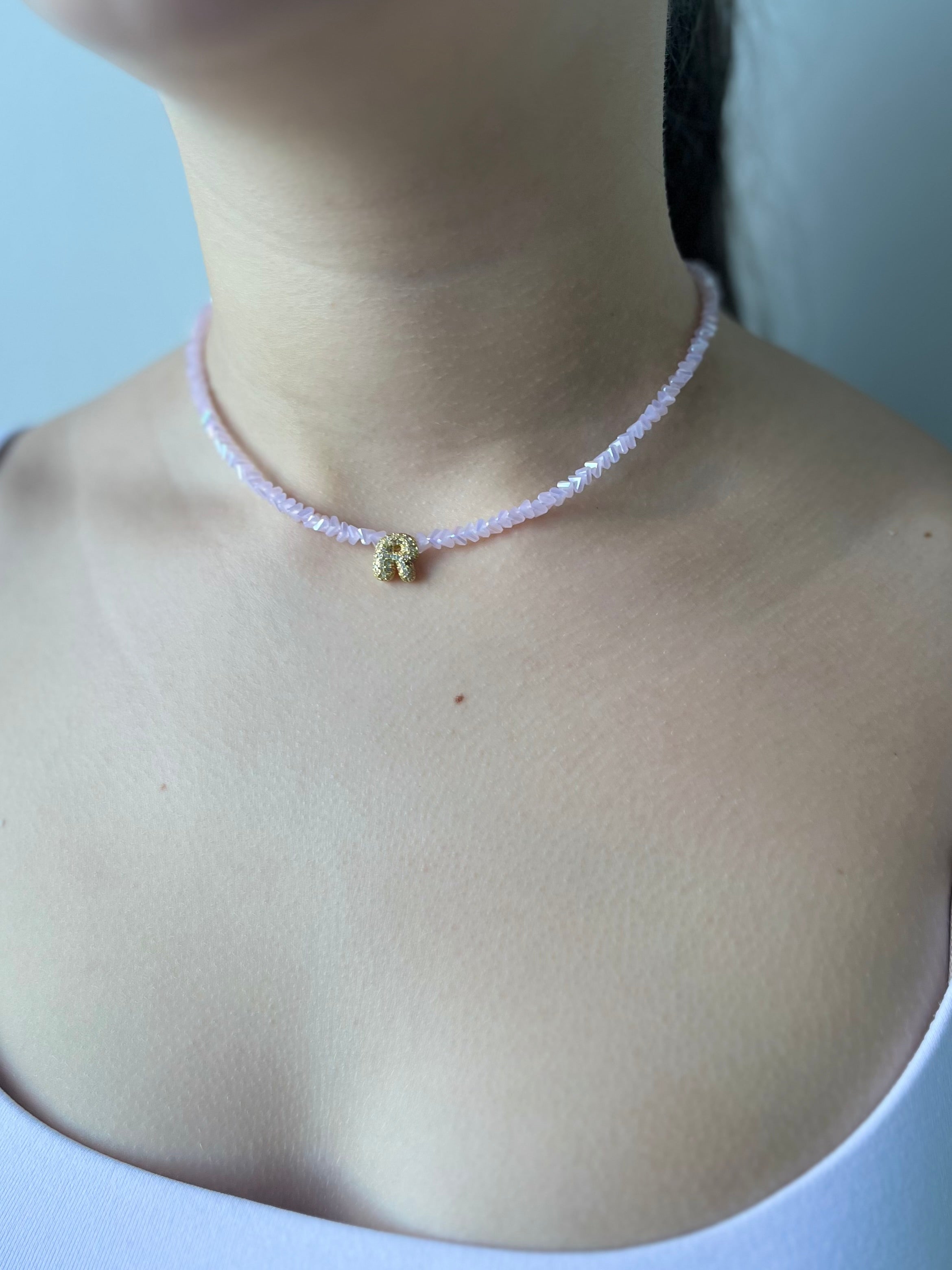 Initial Charm Pink Crystal Necklace – 18K Gold Plated, Cubic Zirconia