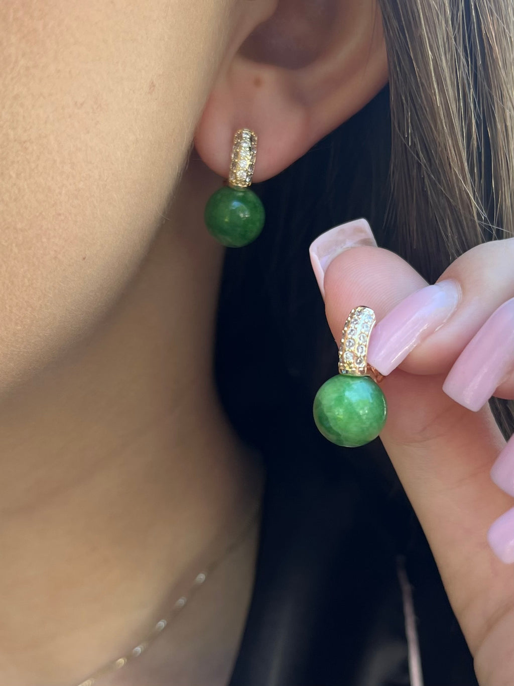 Natural Green Jade Gold Zirconia Earrings