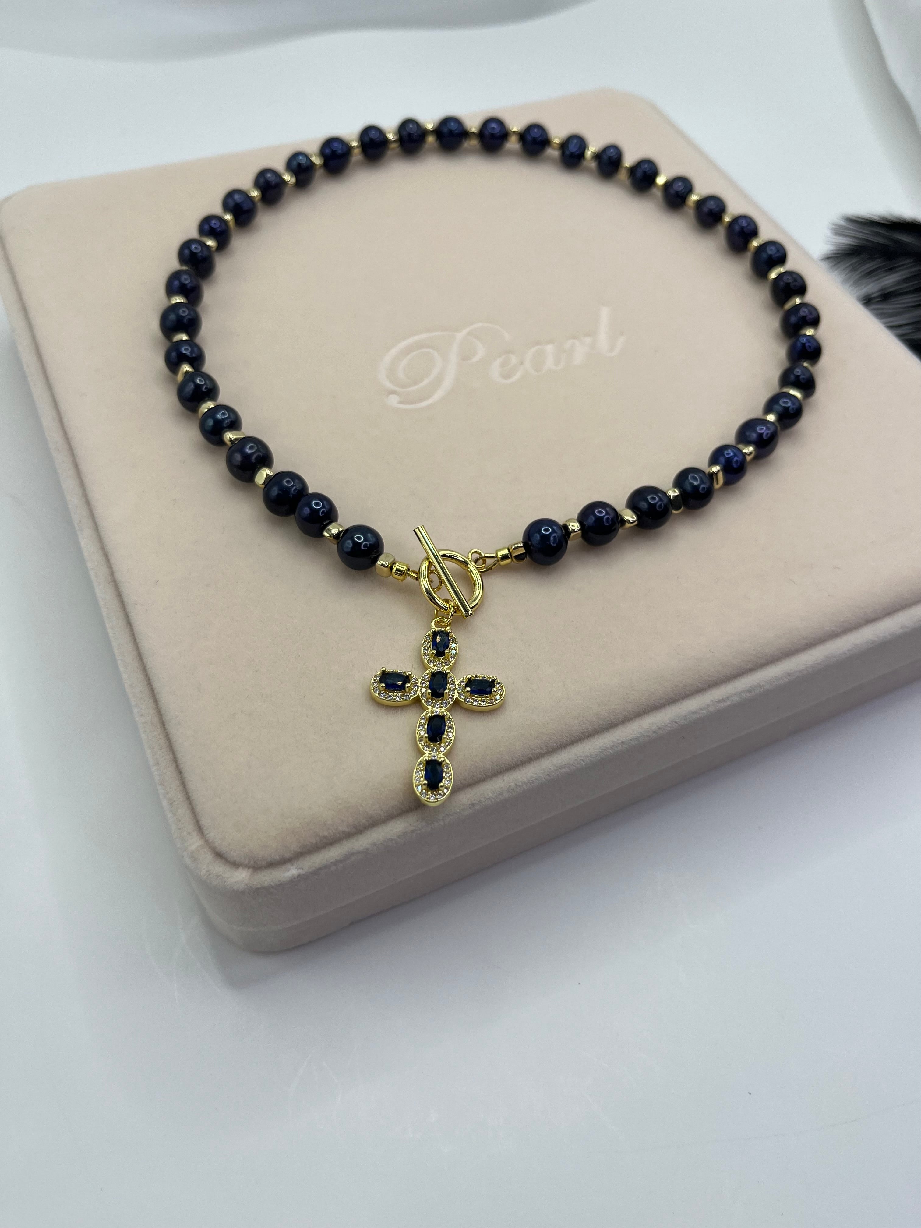 Blue Pearl Choker Necklace with Cross pendant: 18K Gold Plated