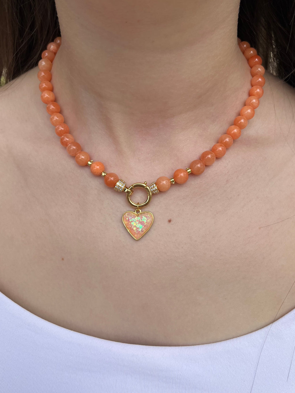 Natural Coral Jade Necklace with Heart Pendant
