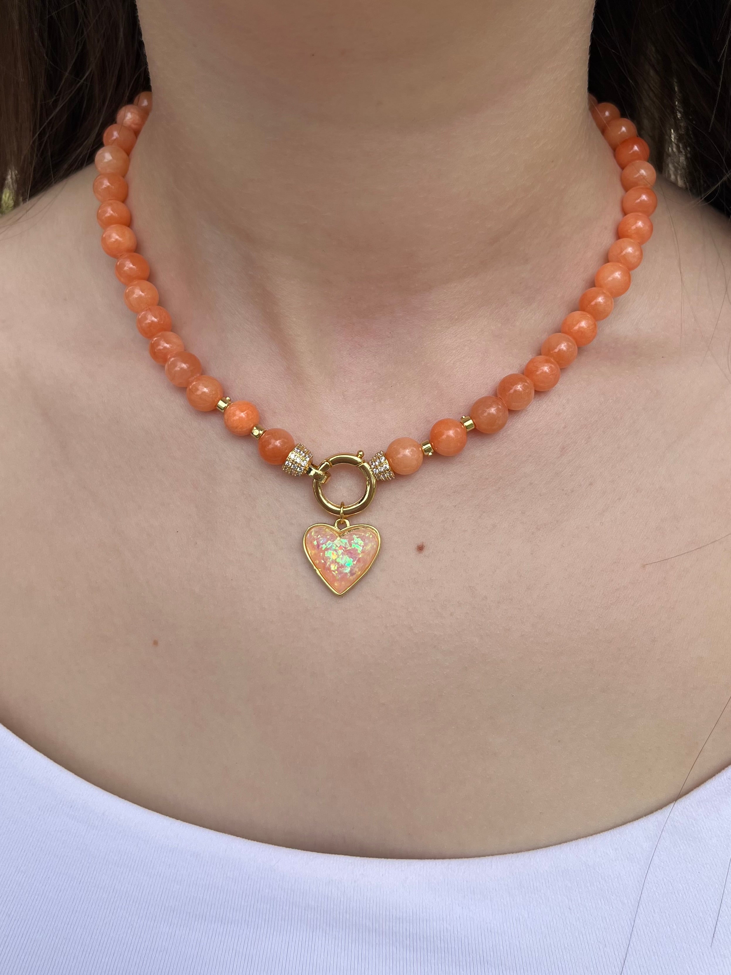 Natural Coral Jade Necklace with Heart Pendant