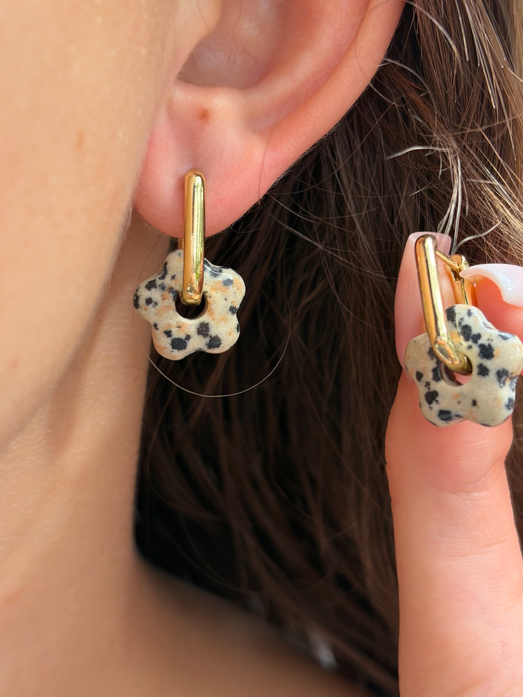 Dalmatian jasper flower Earrings and Necklace, 18K Gold Plated