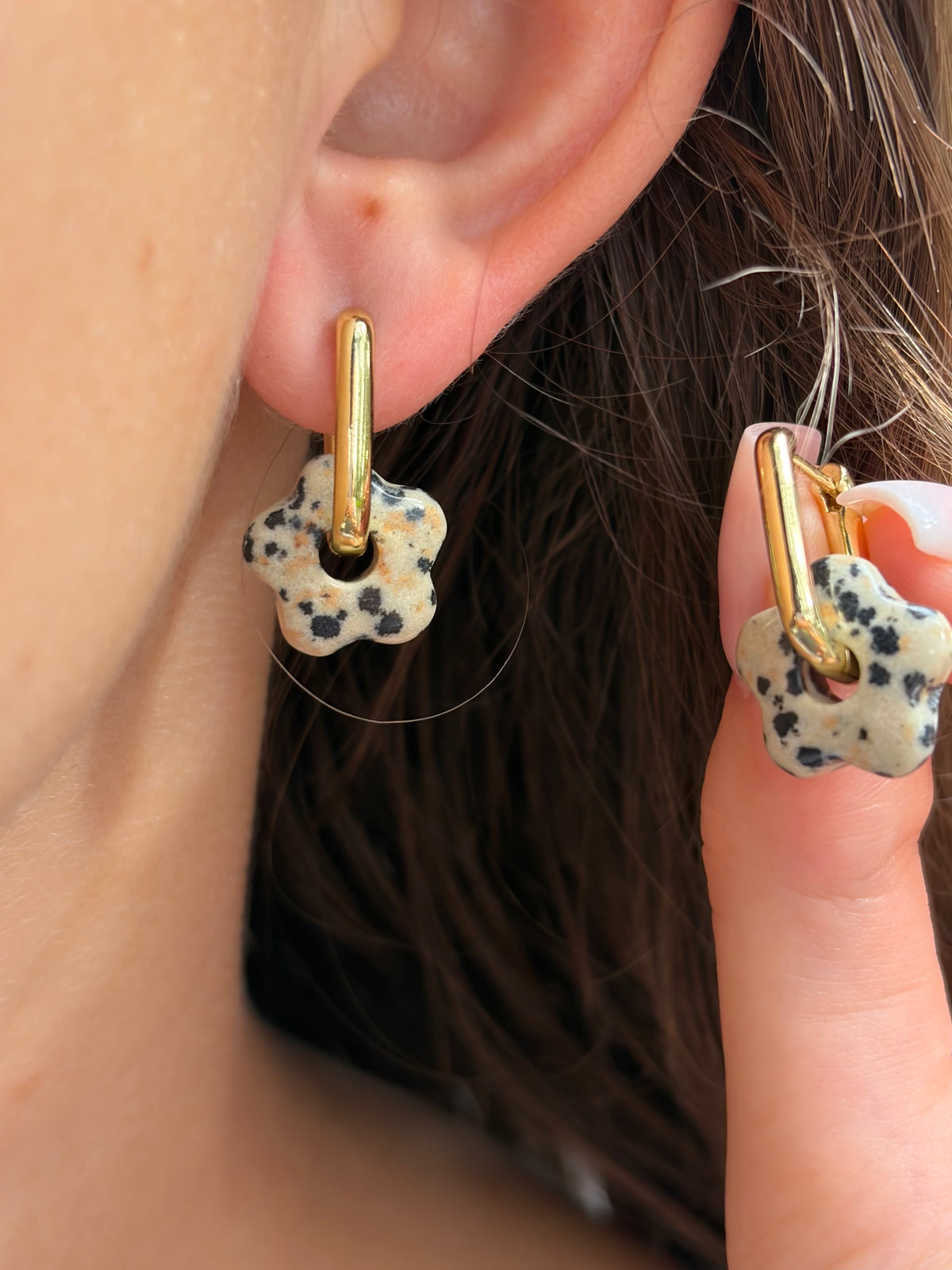 Dalmatian jasper flower Earrings and Necklace, 18K Gold Plated