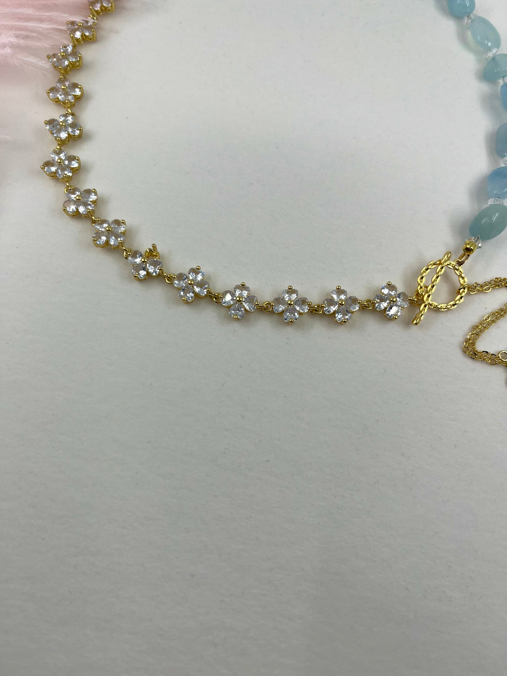 Asymmetrical Aquamarine Y-Necklace, zirconia chain, Bar pendant