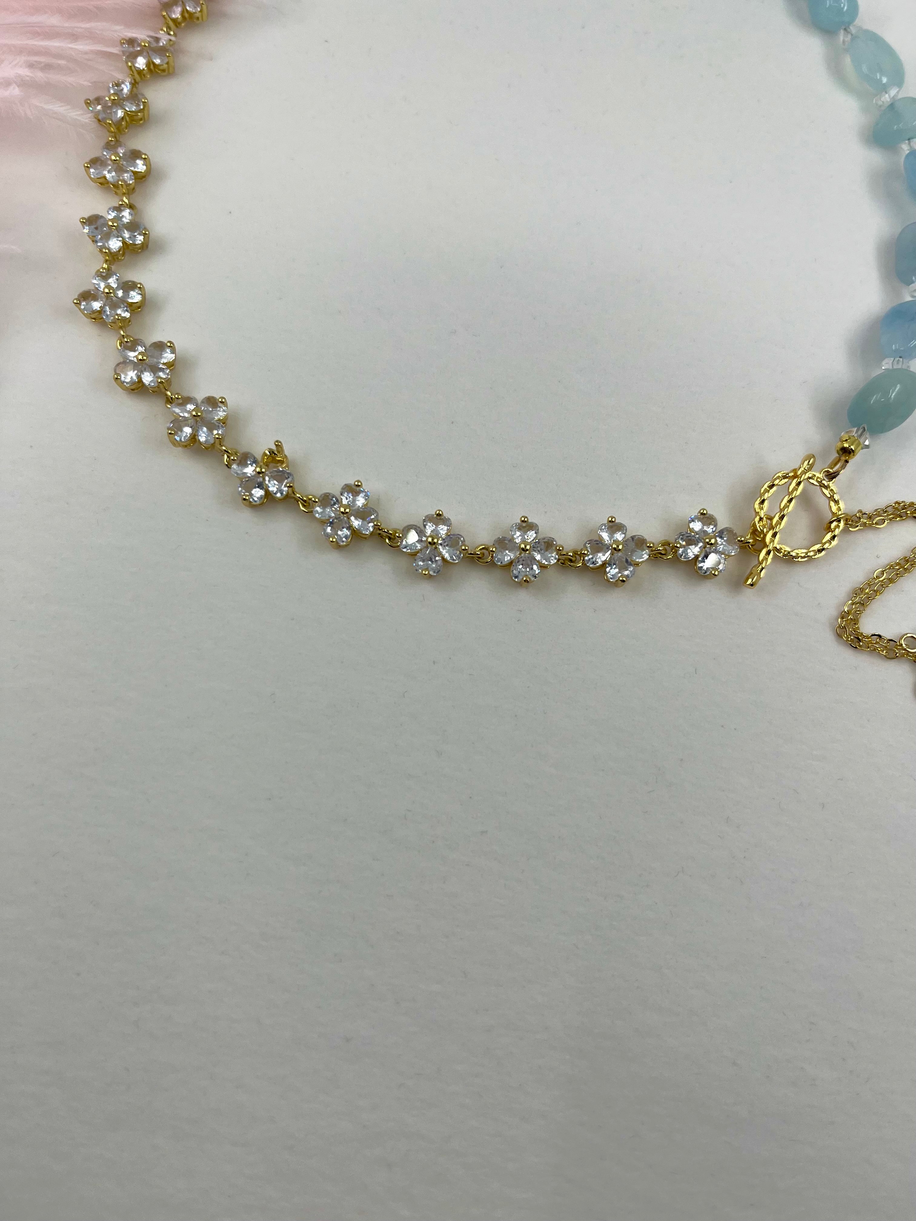 Asymmetrical Aquamarine Y-Necklace, zirconia chain, Bar pendant