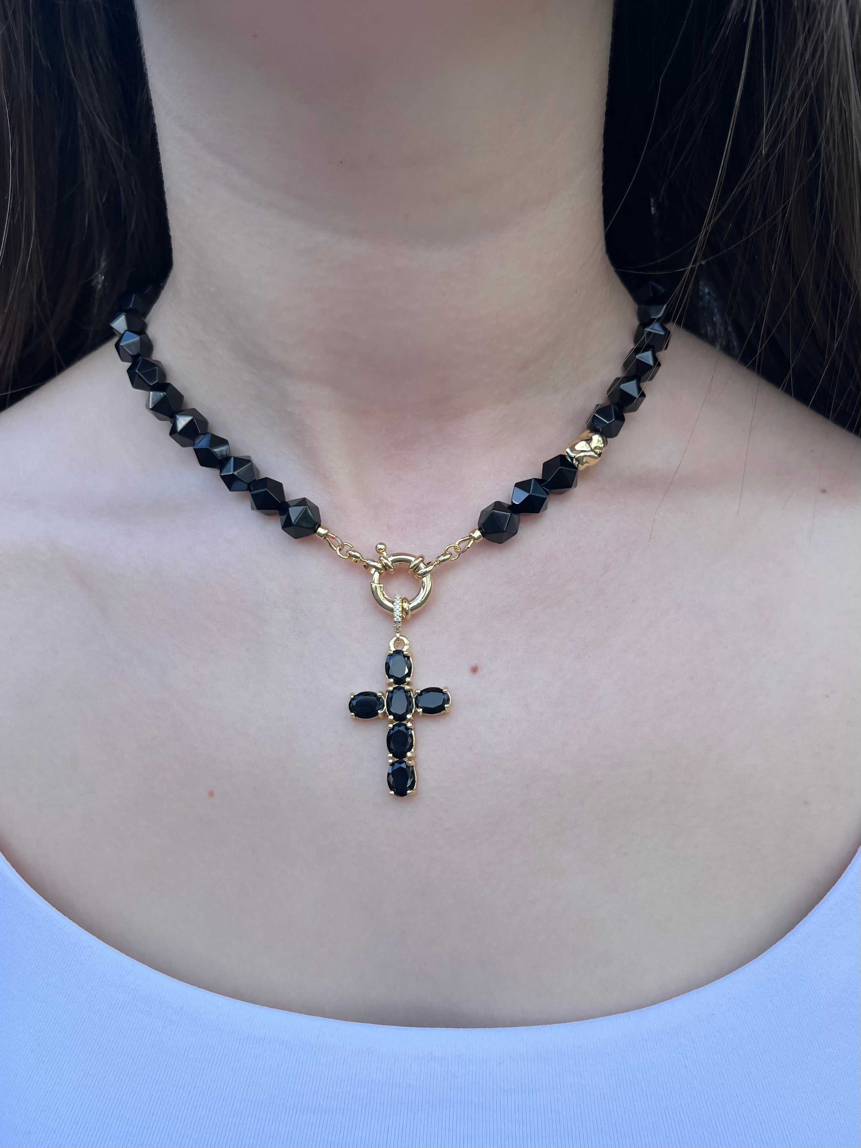 Natural Black Onyx Necklace with Gold Zirconia Cross