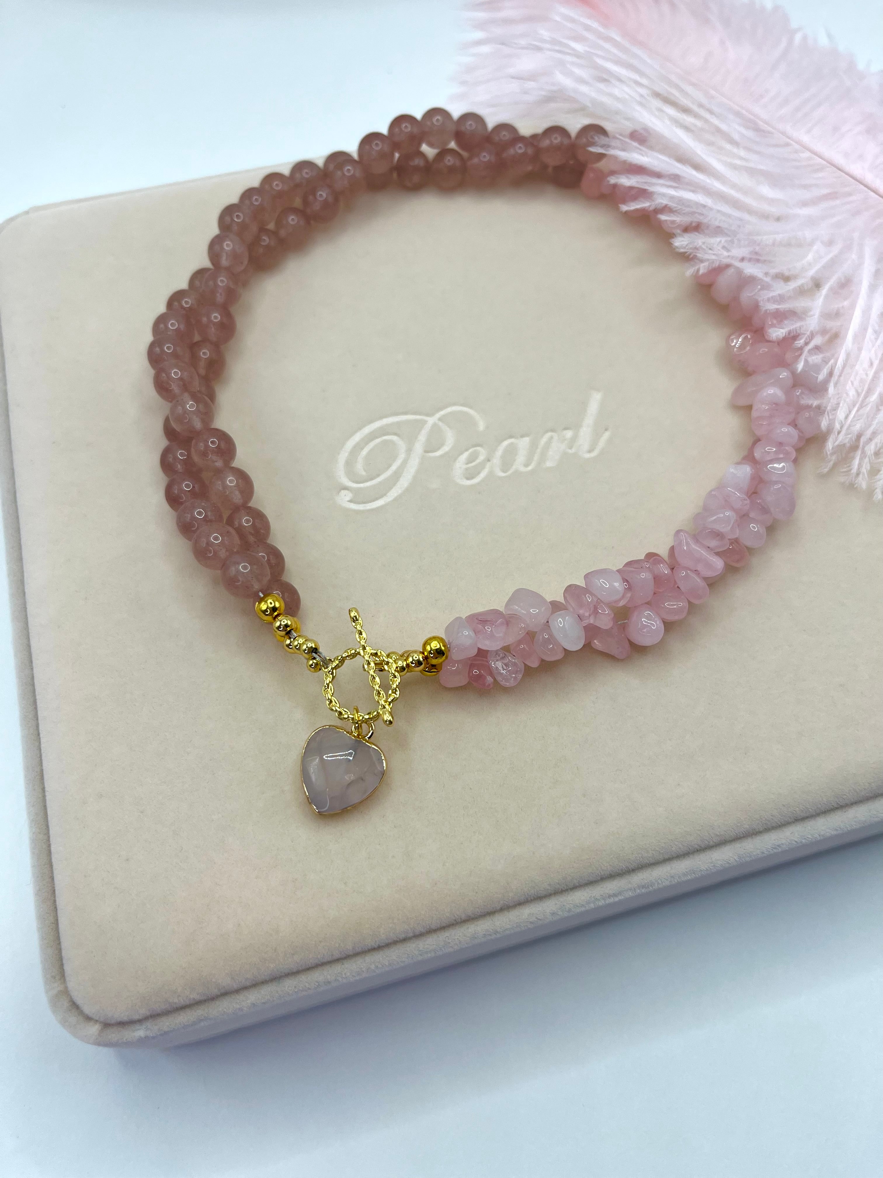 Asymmetrical Layered Strawberry Quartz Necklace with heart pendant: 18K Gold Plated Pendant