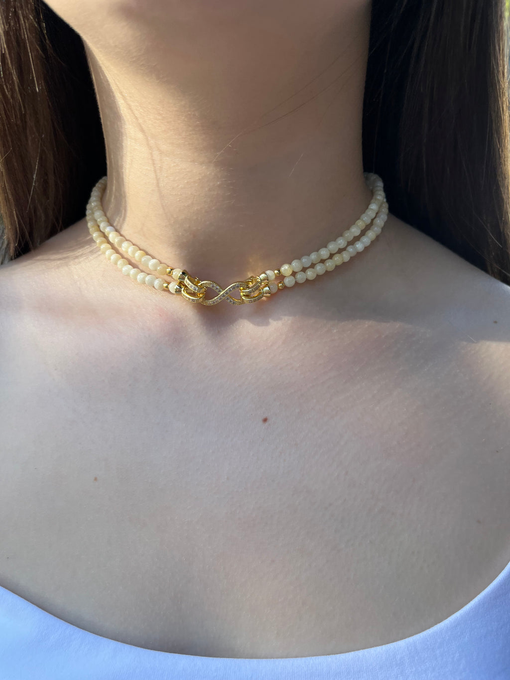 Topaz Jade Choker Necklace : 18K Gold Plated Zirconia Infinity Clasp
