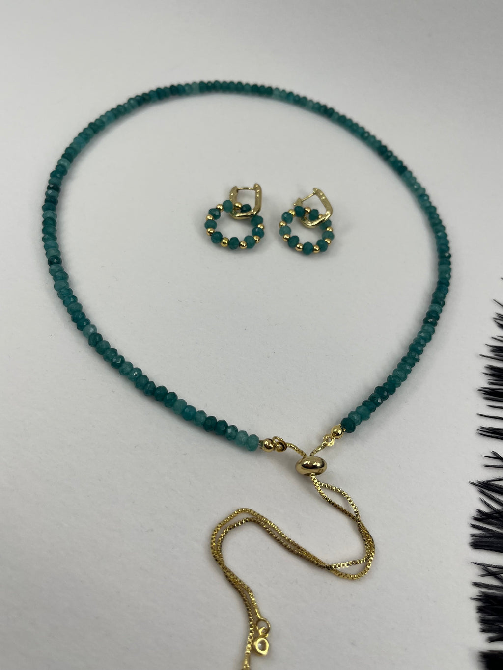 Set: Natural Malaysia Jade Y-Necklace & Earrings, Dark Cyan