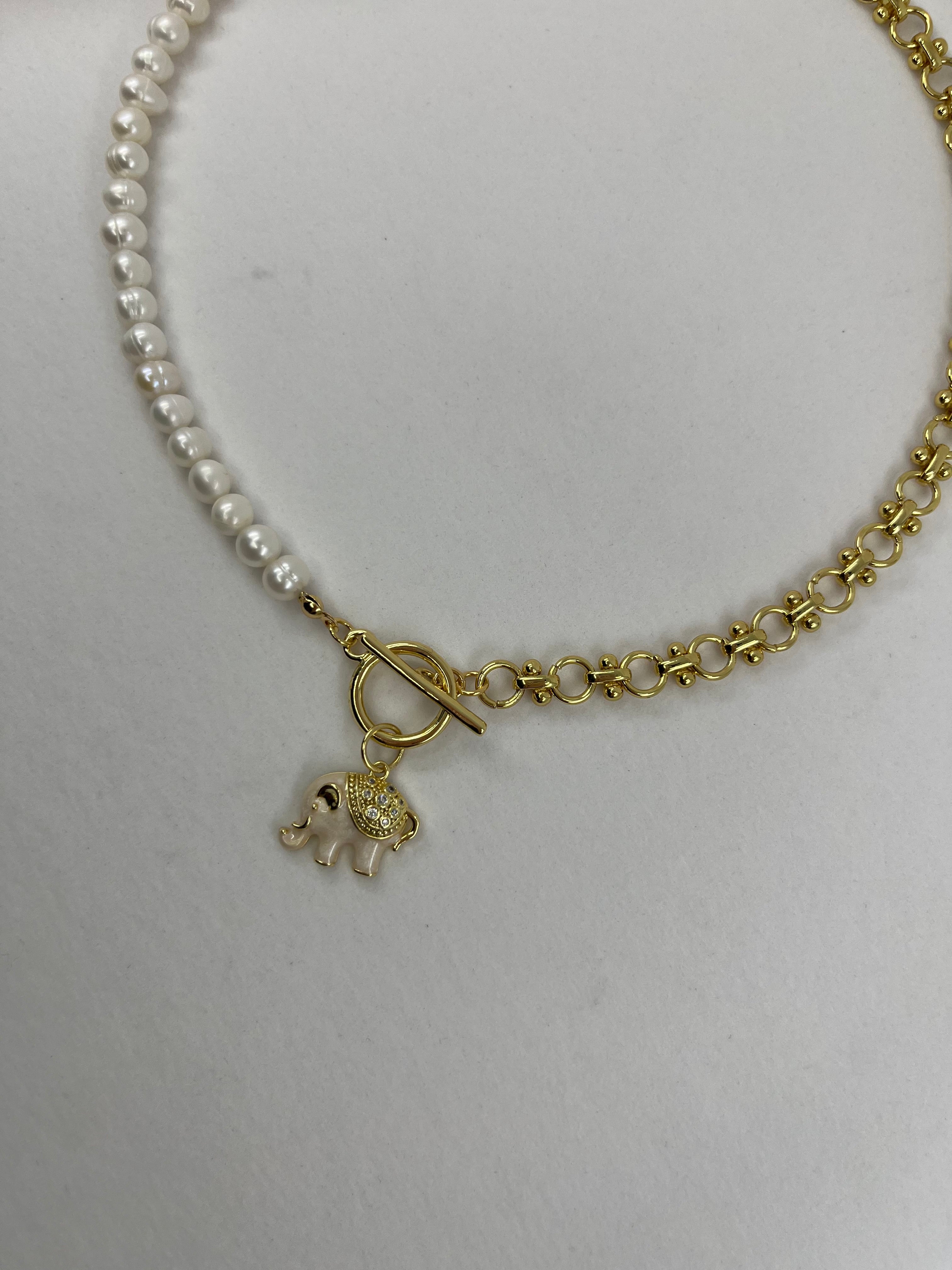 Asymmetrical Pearl Necklace with Elephant Pendant, 18K Gold Plated Chain