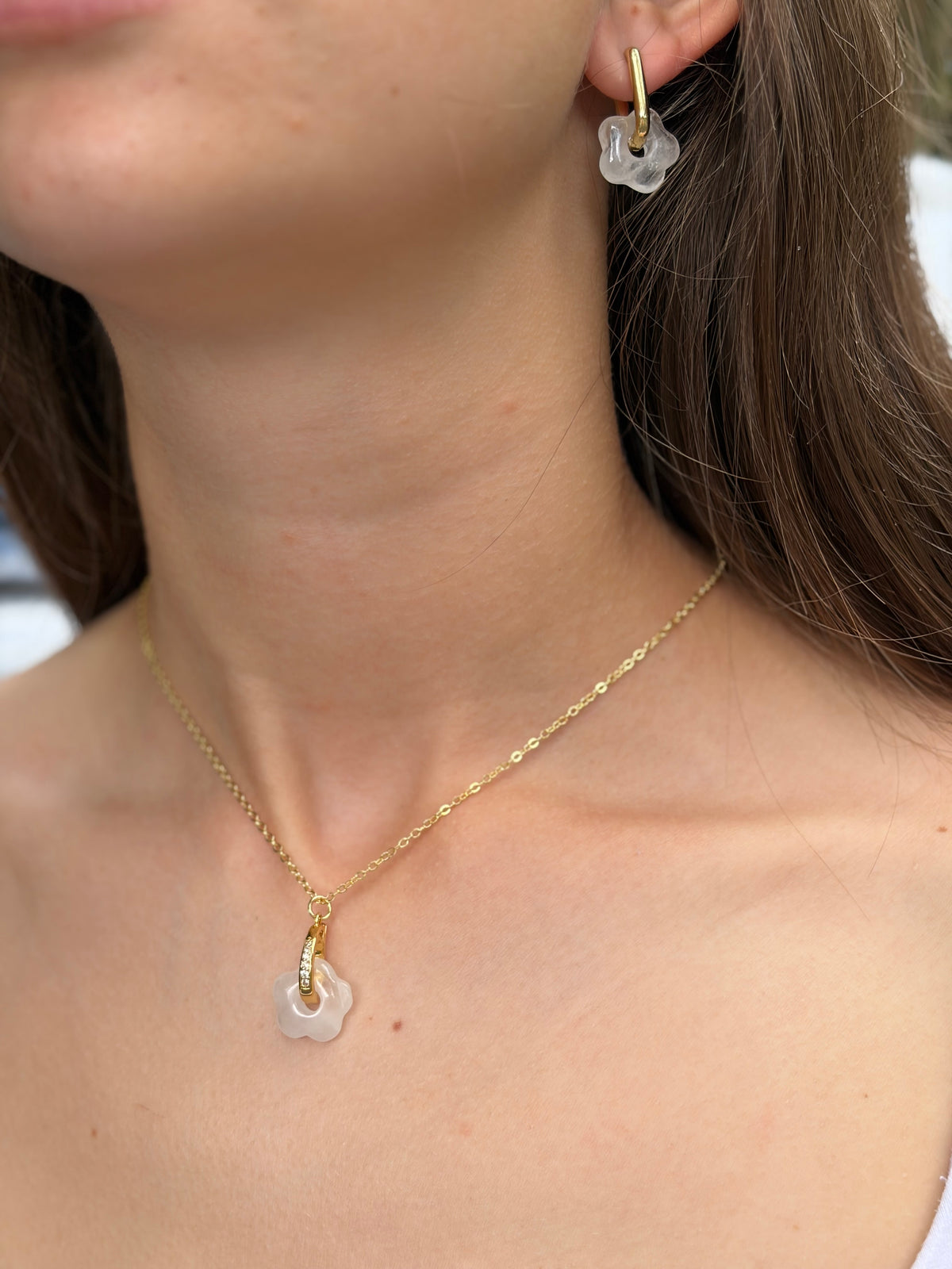 Clear Quartz flower Earrings and Necklace,18K Gold Plated