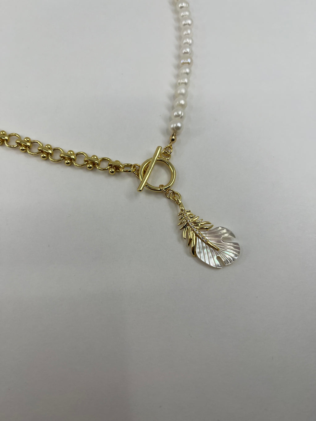 Asymmetrical Pearl Necklace with Feather Pendant, 18K Gold Plated Chain